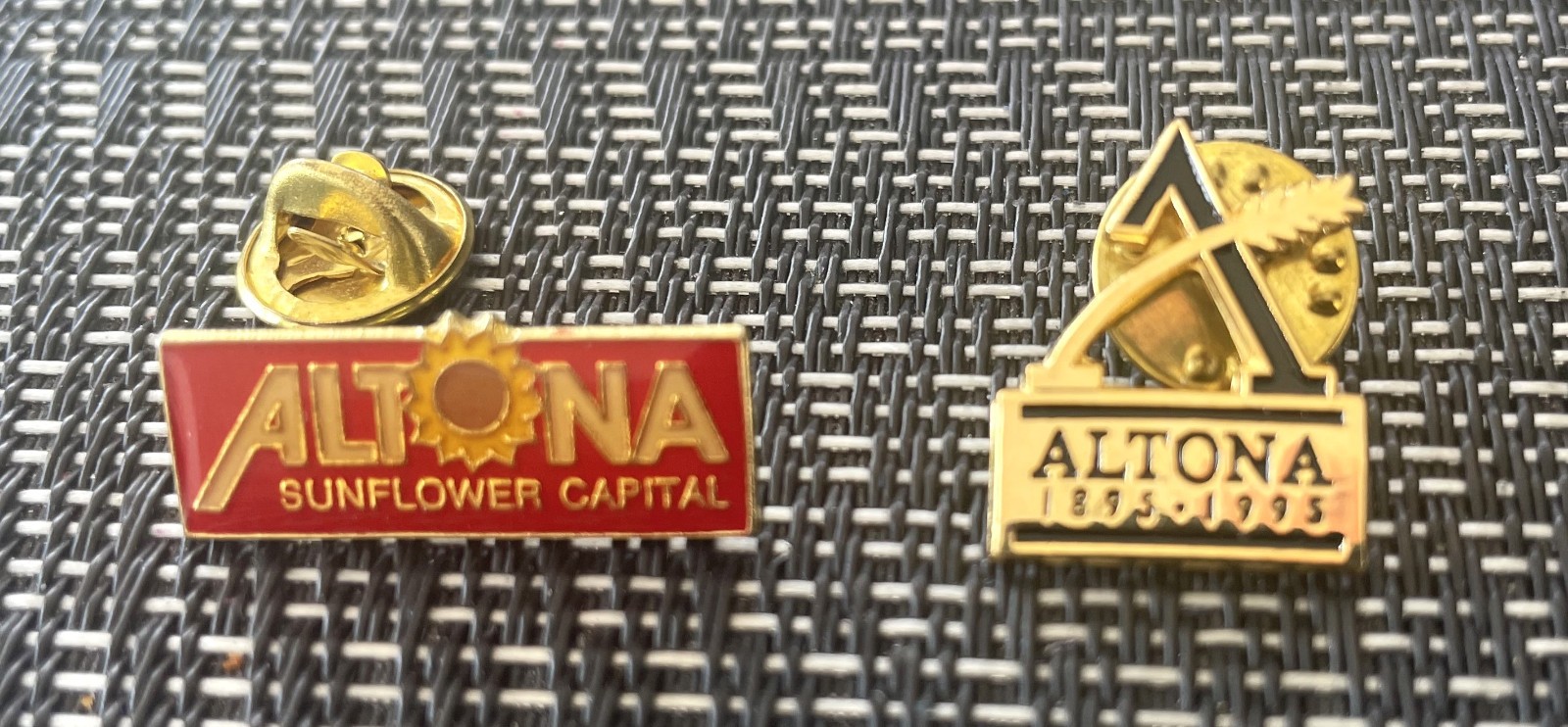 Lapel Pins, 2 *Vintage*, Town of Altona, Manitoba, 1995 Centennial & Sunflower Lapel Pins, 2 *Vintage*, Town of Altona, Manitoba, 1995 Centennial & Sunflower