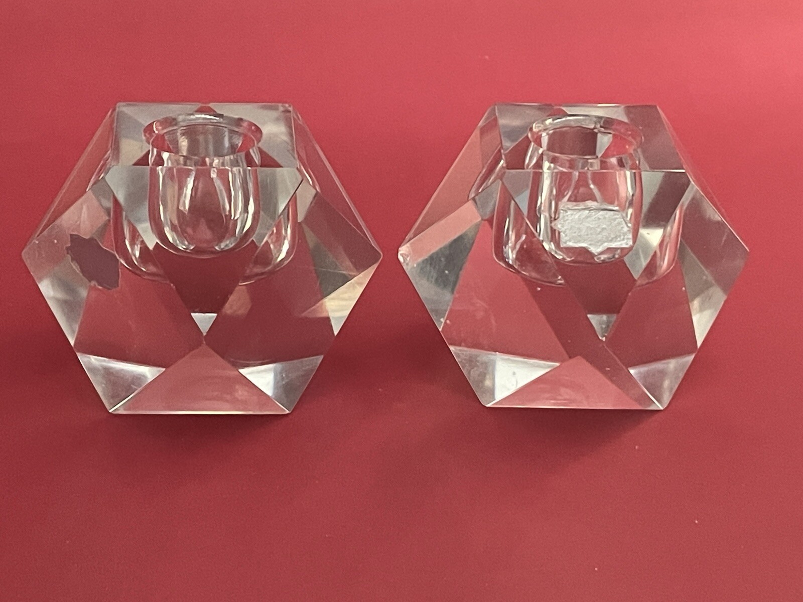 Faceted MCM 1950s 2 Candleholders Hand Cut Crystal Glass Geometric Germany Faceted MCM 1950s 2 Candleholders Hand Cut Crystal Glass Geometric Germany
