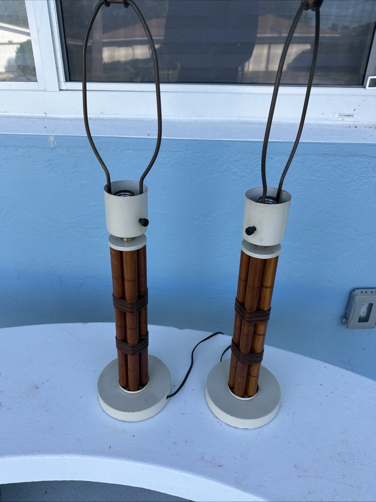 Vtg Pair Rattan Bamboo Table Lamp Boho Mid Century Modern Russell Wright Style