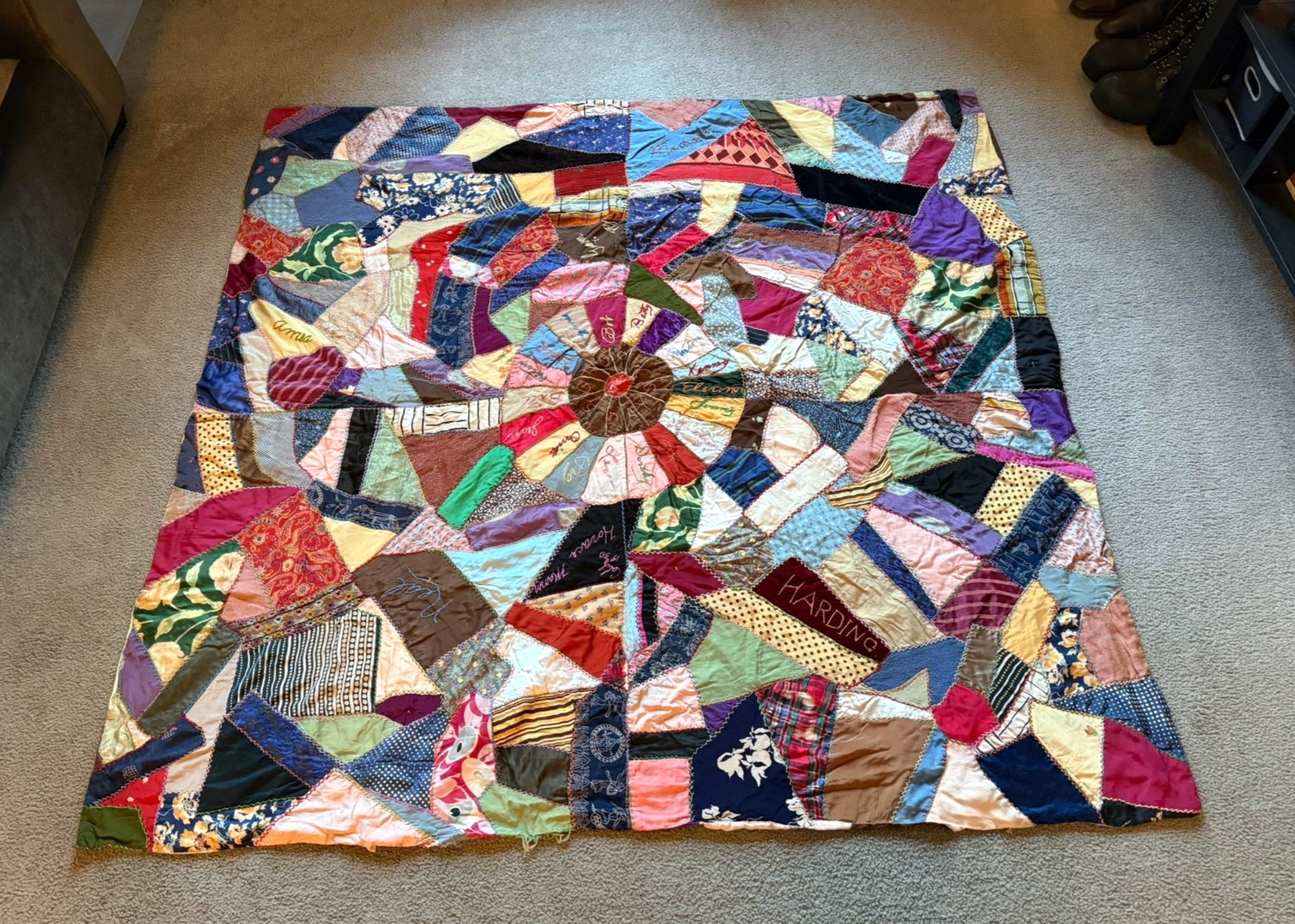 VTG Antique 1930s Hand Made Sewn School Days St. Paul MN Embroidered Crazy Quilt