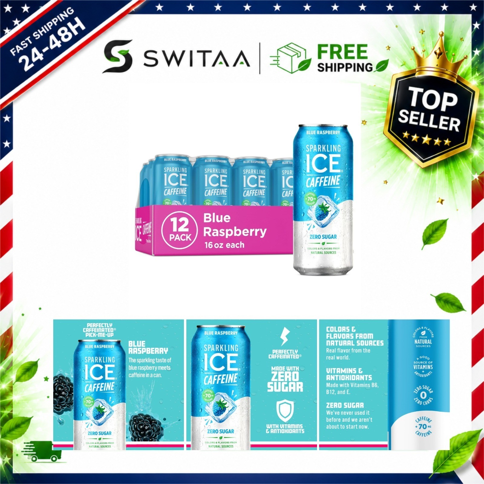 Sparkling Ice Caffeine Blue Raspberry Sparkling Water, Zero Sugar, 12 Pack 16