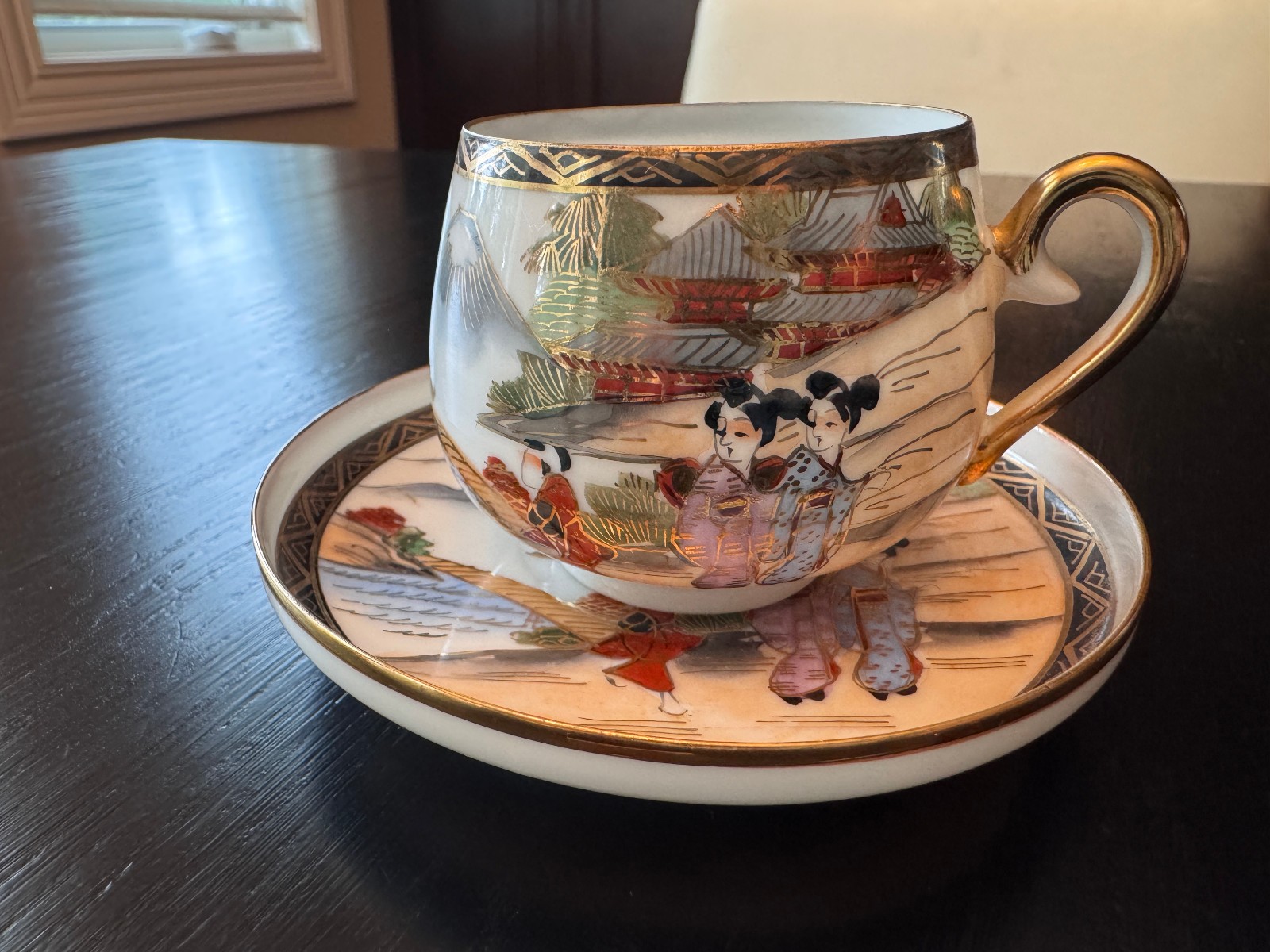 Vintage Japanese Kutani Hand Painted Porcelain Teacup & Saucer Lithophane Geisha