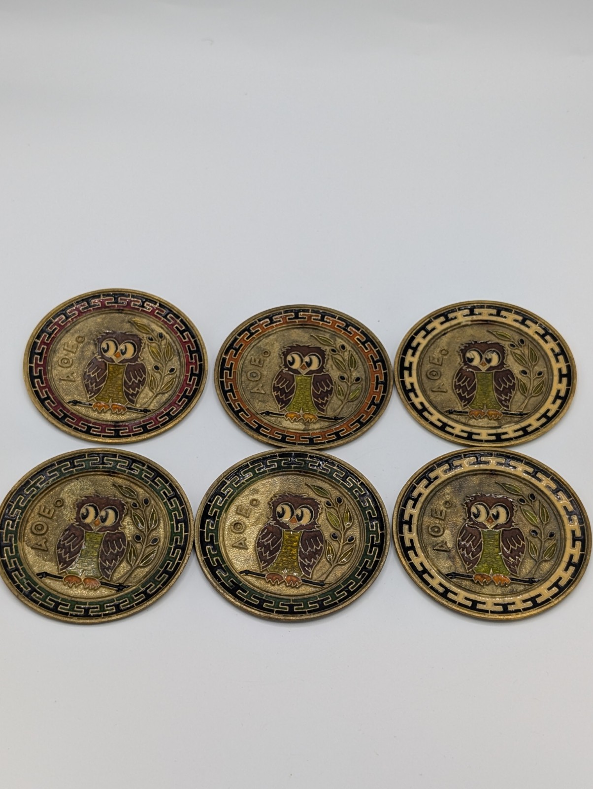 Vintage 70s Greek Owl Bronze & Enamel Wall Plaque Medallion Set Of 6 Athena AOE Vintage 70s Greek Owl Bronze & Enamel Wall Plaque Medallion Set Of 6 Athena AOE