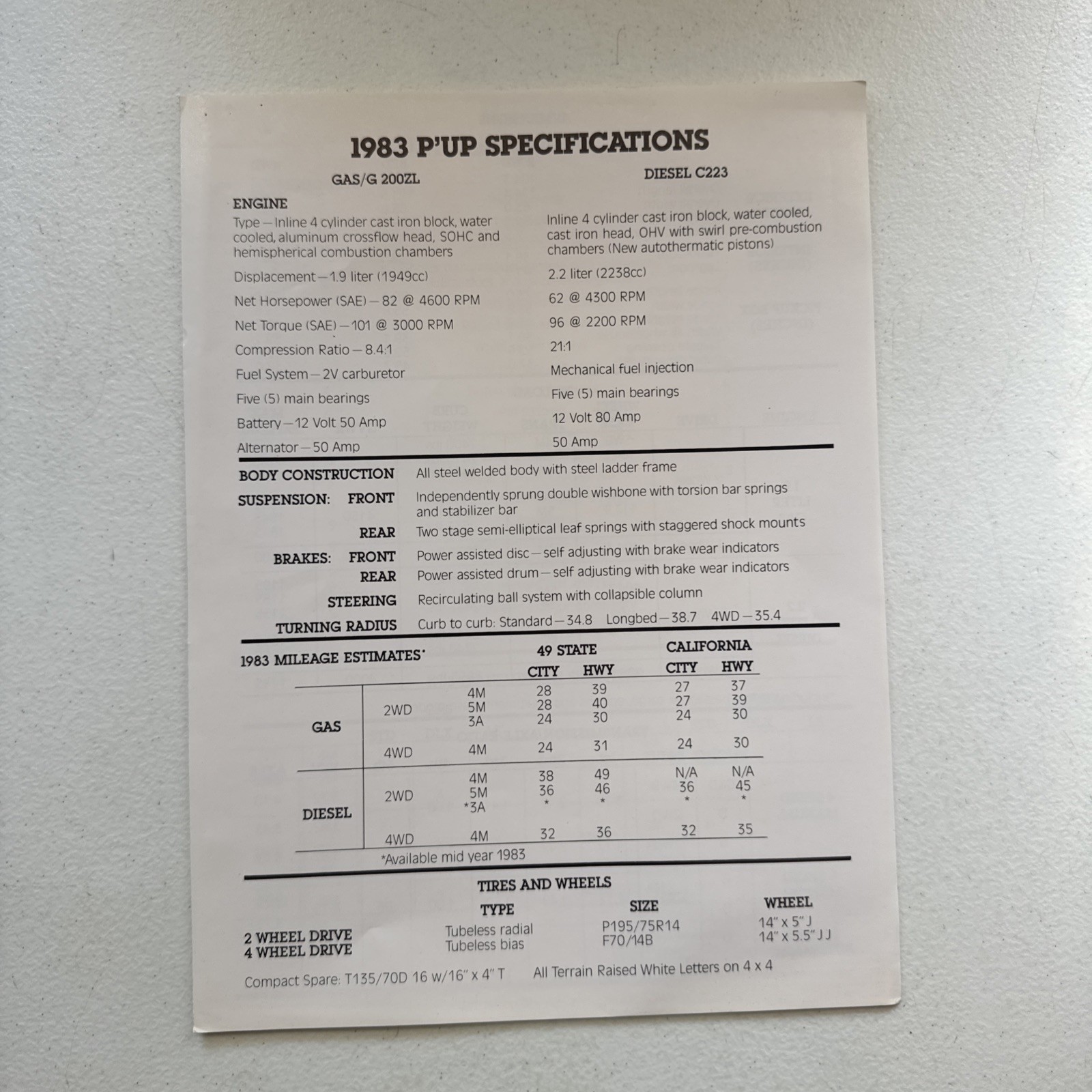 Vintage 1983 Isuzu P’UP Specifications Dealer Sales Brochure Vintage 1983 Isuzu P’UP Specifications Dealer Sales Brochure