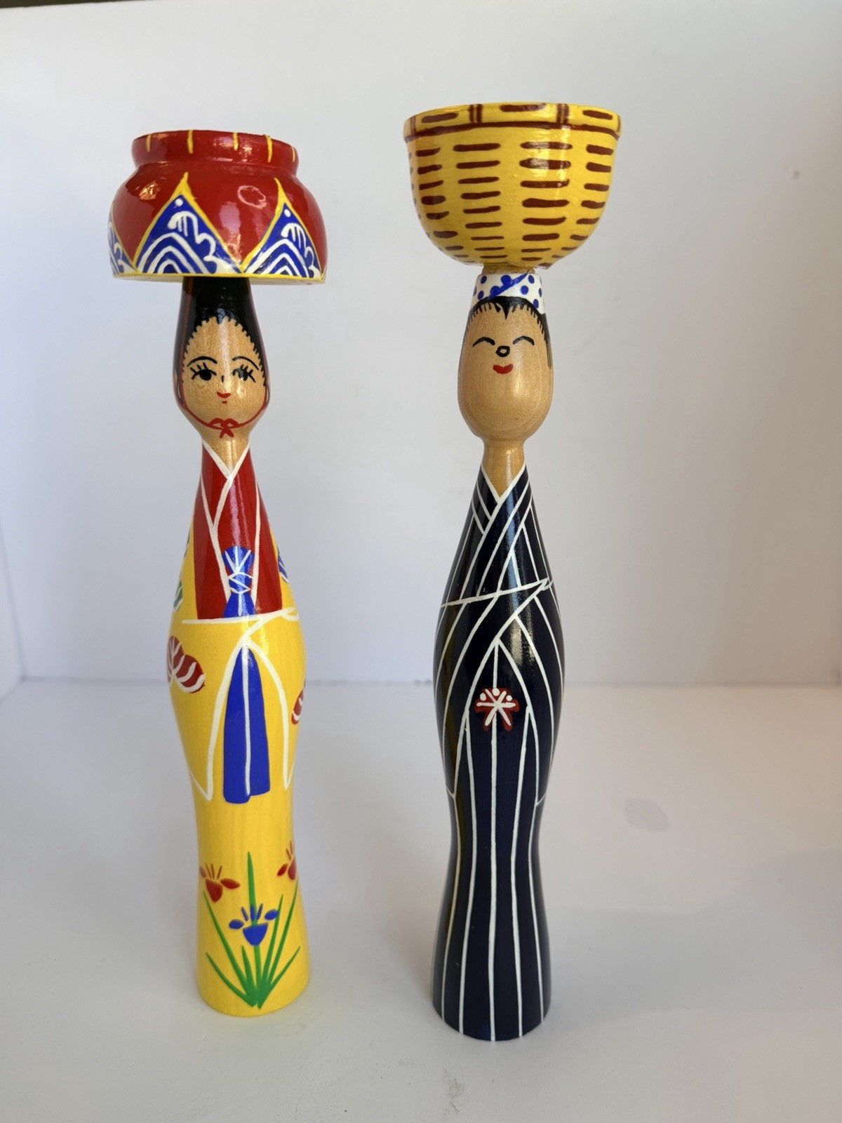 Vintage Ryukyu Miyarabi Kokeshi Dolls Okinawa Japan Set of 2 Hand Painted Wood