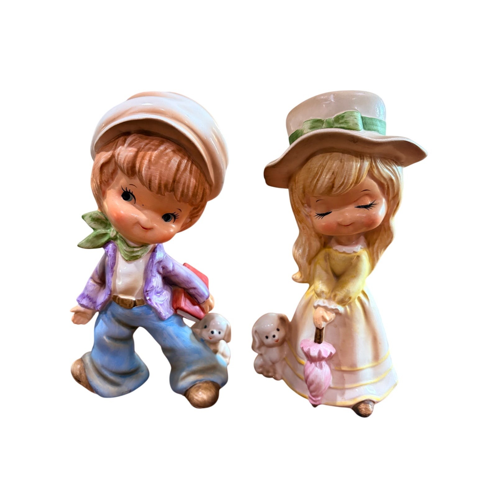 Vintage Norleans Japan Boy & Girl Figurines Pair With Pups 1970s Kitsch Big Eye