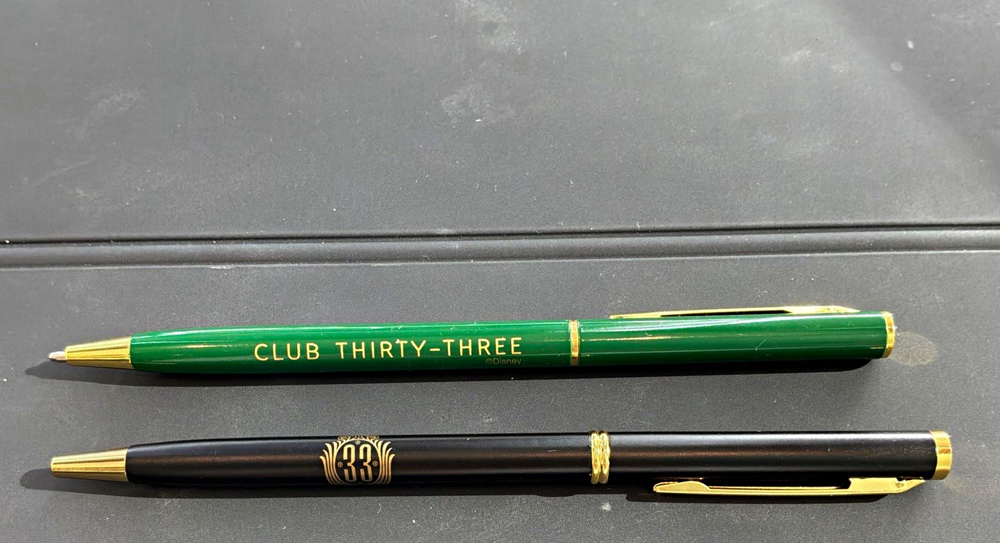 Disney Club Thirty-Three Lot of 2 Ballpoint Pens Green & Black Plastic Gold Trim Disney Club Thirty-Three Lot of 2 Ballpoint Pens Green & Black Plastic Gold Trim