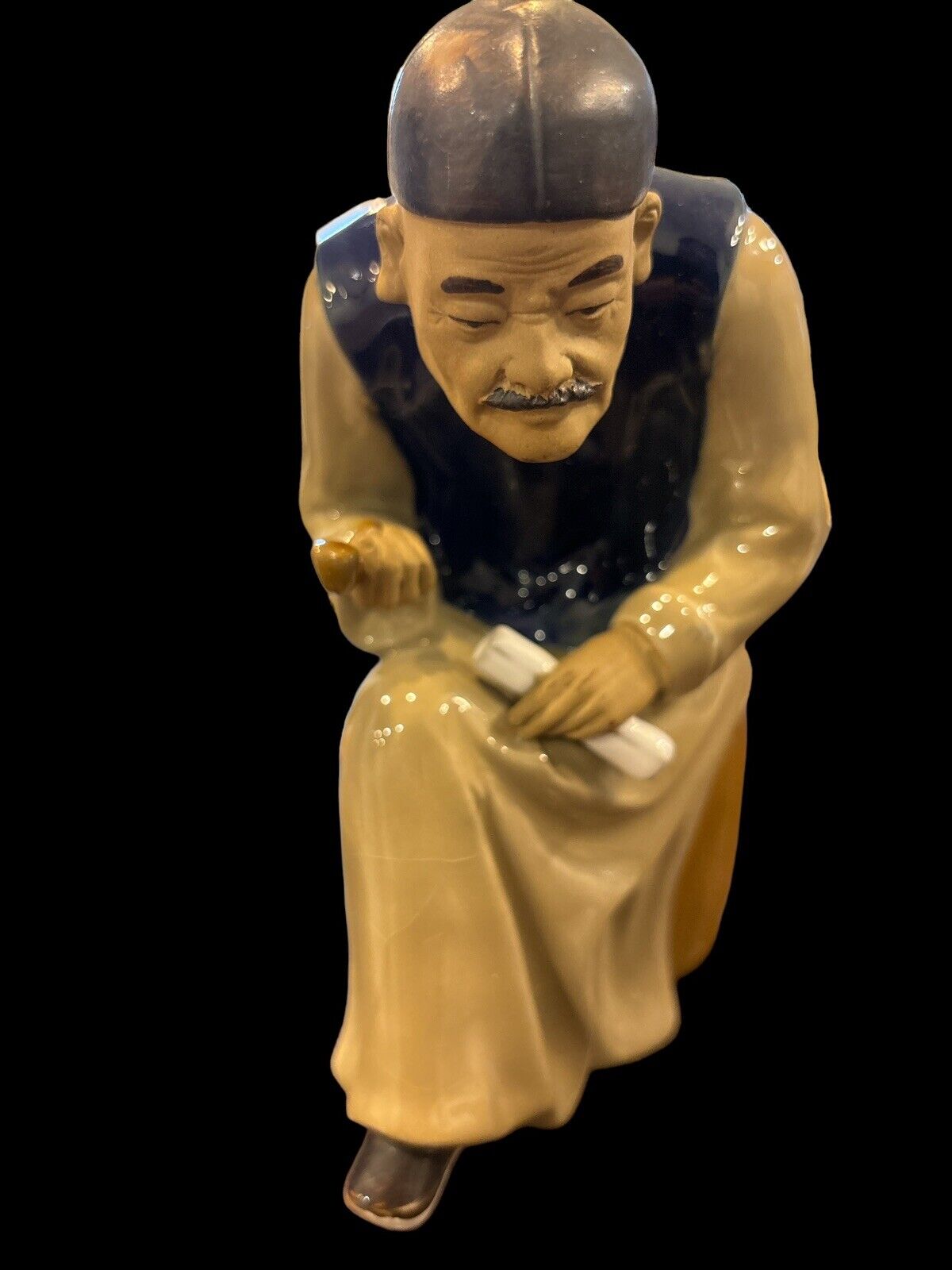 Vintage Chinese Mudman Figure Statue Elder Scholar Man Smoking Pipe Pottery