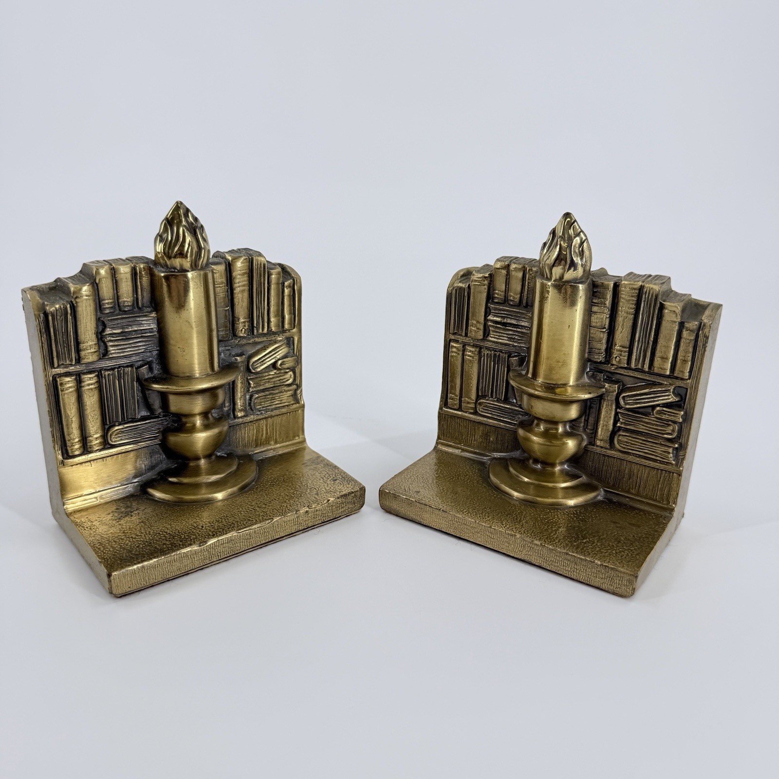 Vintage PM Craftsman Brass Bookends Volumes & Candlelight