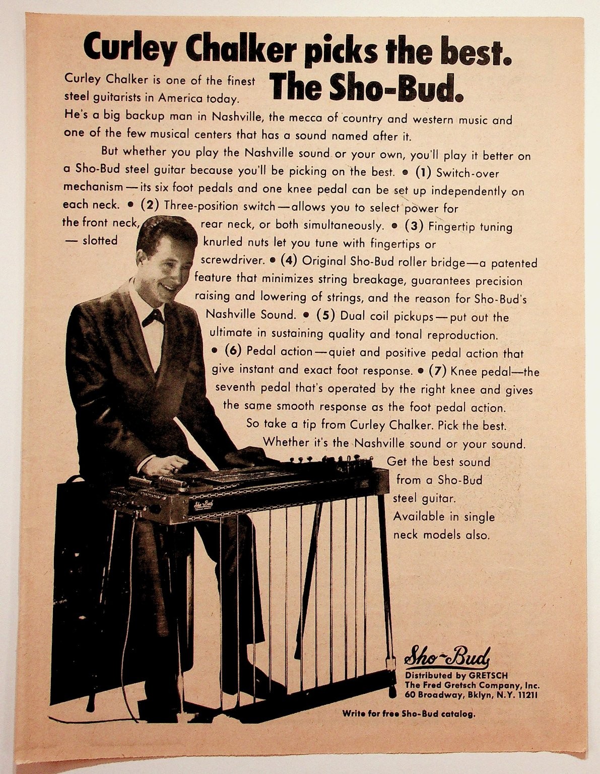 Sho-Bud Gretsch Curley Chalker Steel Guitar Vintage 1960s Magazine Print Ad