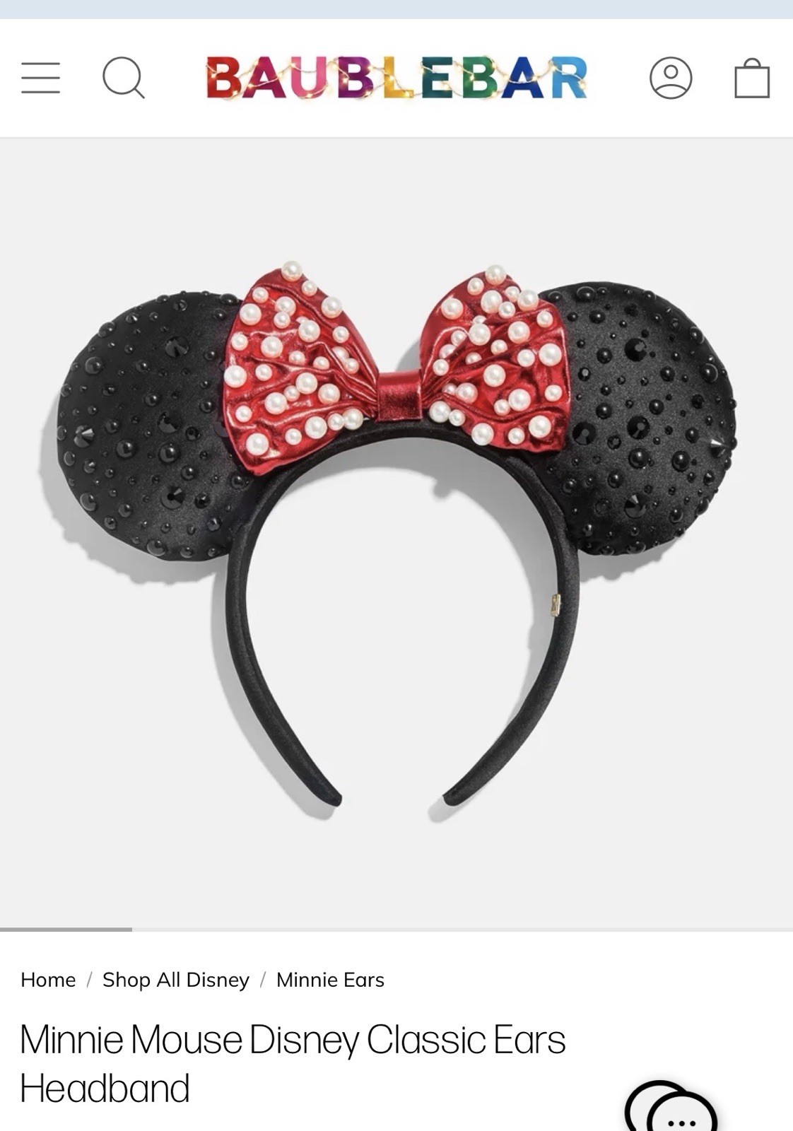 Baublebar x Disney Classic Minnie Mouse Ears Pearls Gems Headband NWT Black Red 