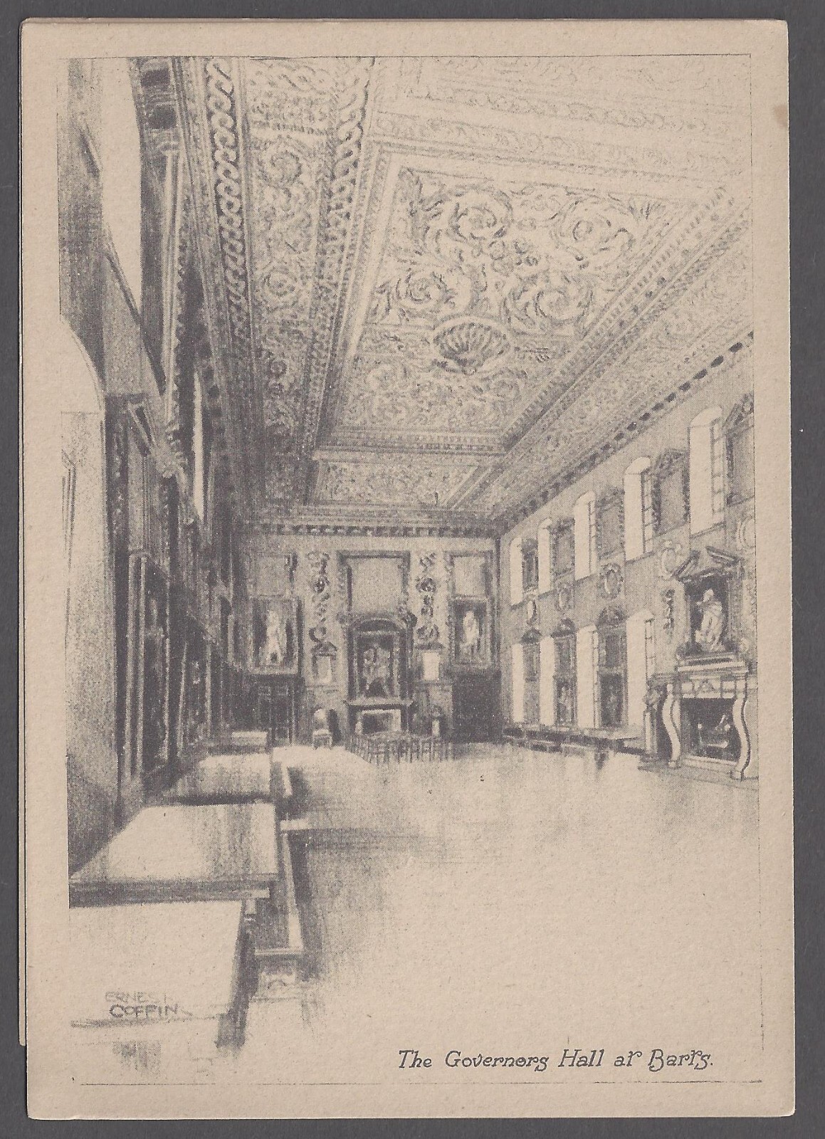 Ernest Coffin The Governers Hall at Bart's Drawing Postcard Art Ornate Decor