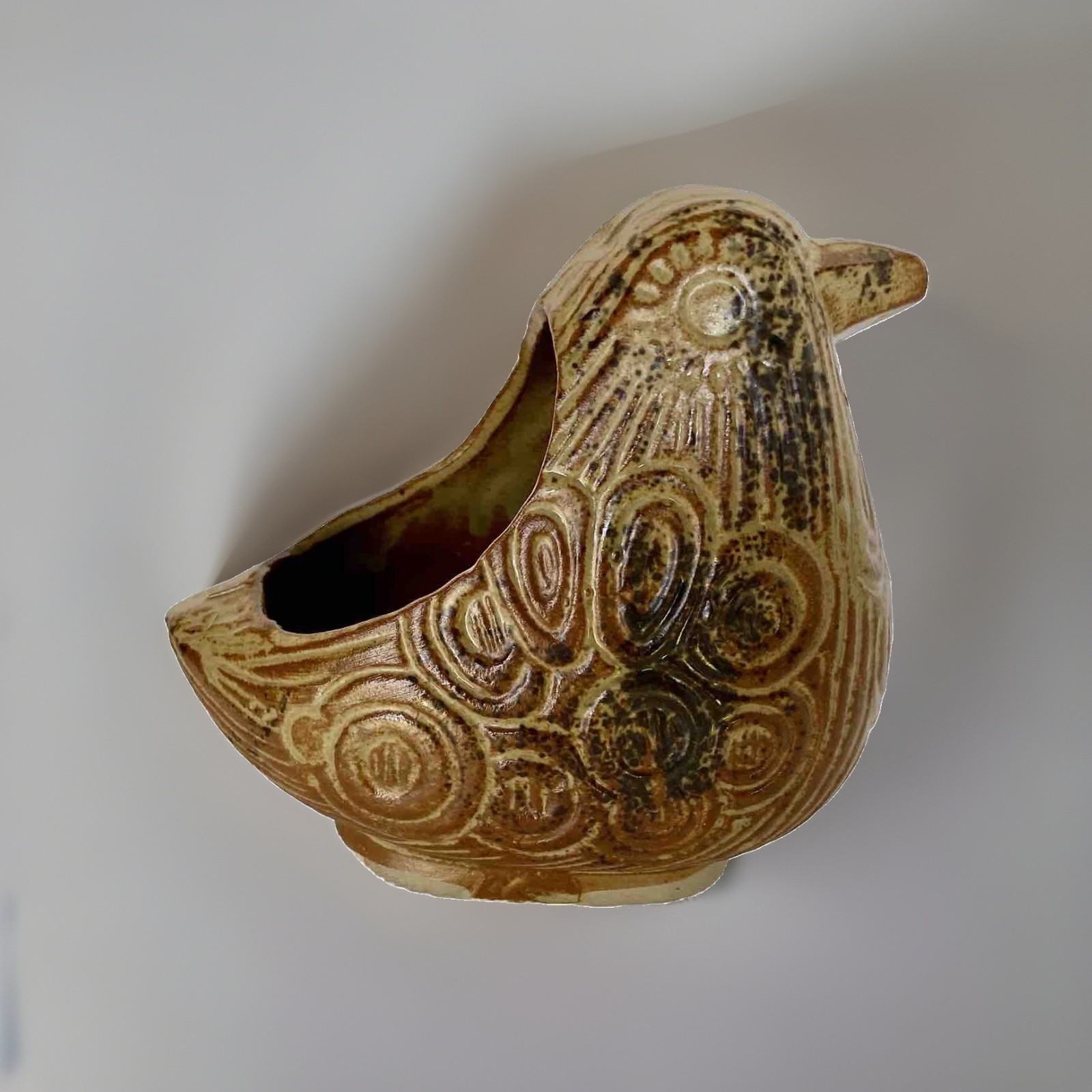 Vintage Textured MCM Brown Pottery Bird Planter, Made in Japan 5-1/2\