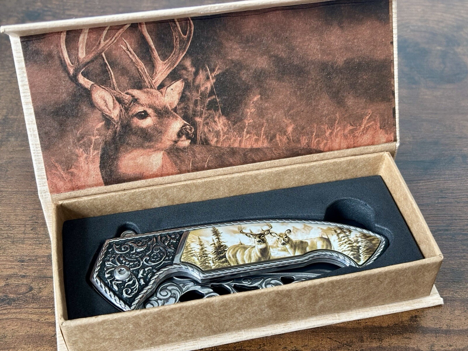 Deer Wildlife Gift Box Knife Stainless Steel Engraved Ornate Faux Ivory Handle Deer Wildlife Gift Box Knife Stainless Steel Engraved Ornate Faux Ivory Handle