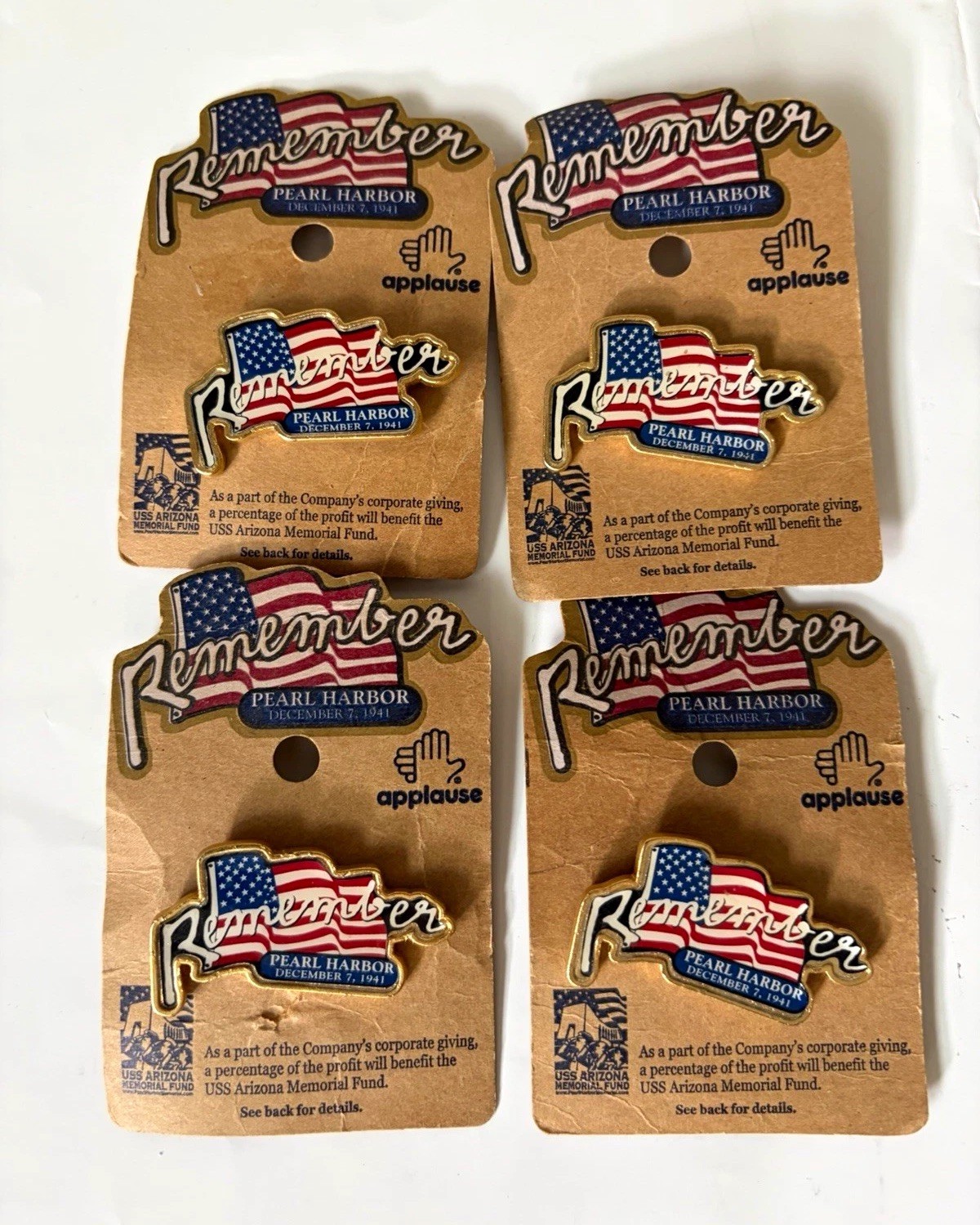 Lot of 4 Vintage Applause Remember Pearl Harbor Enamel Pins New On Card USS
