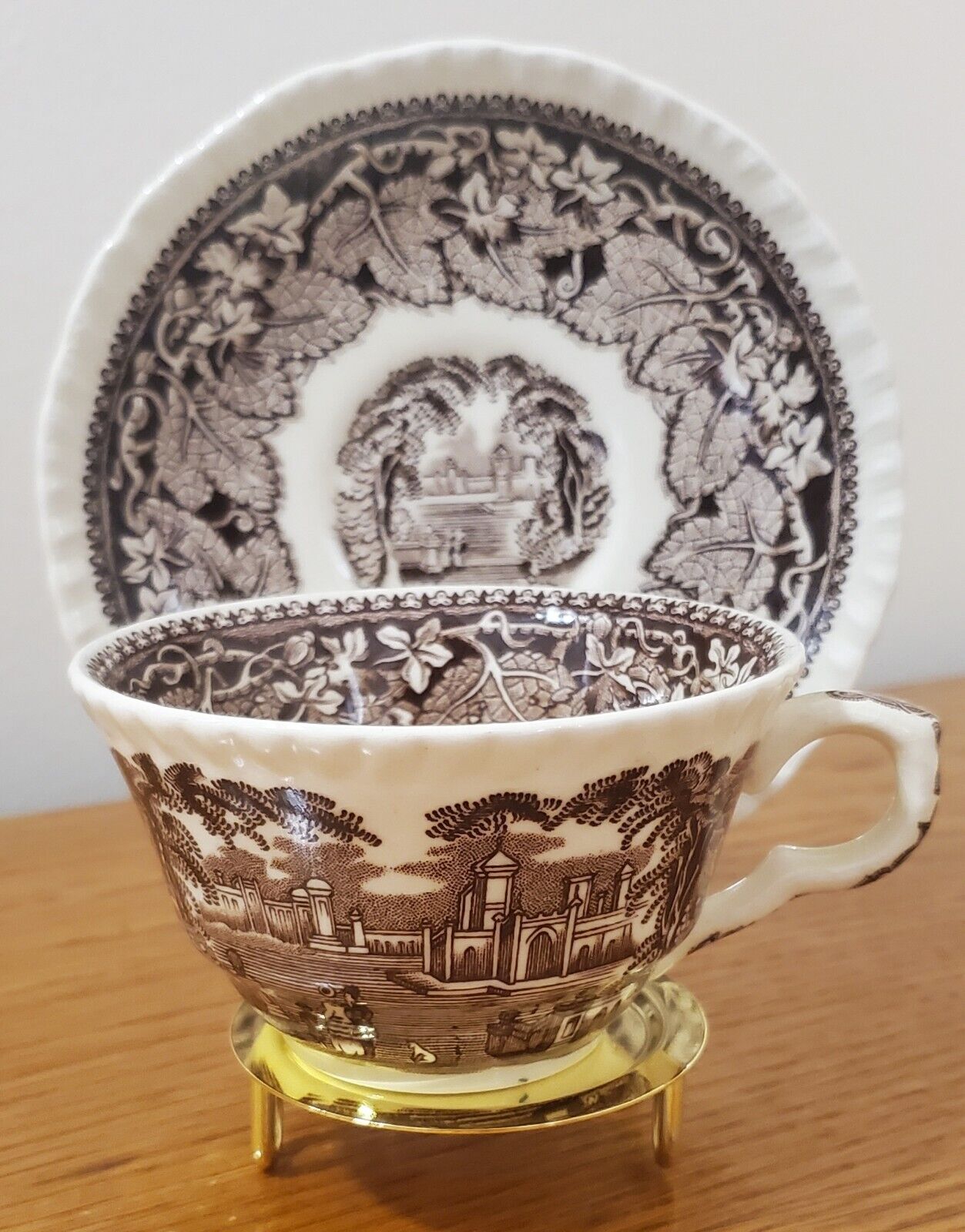 Vintage Mason\'s Vista Brown Transferware Ironstone Tea Cup and Saucer England