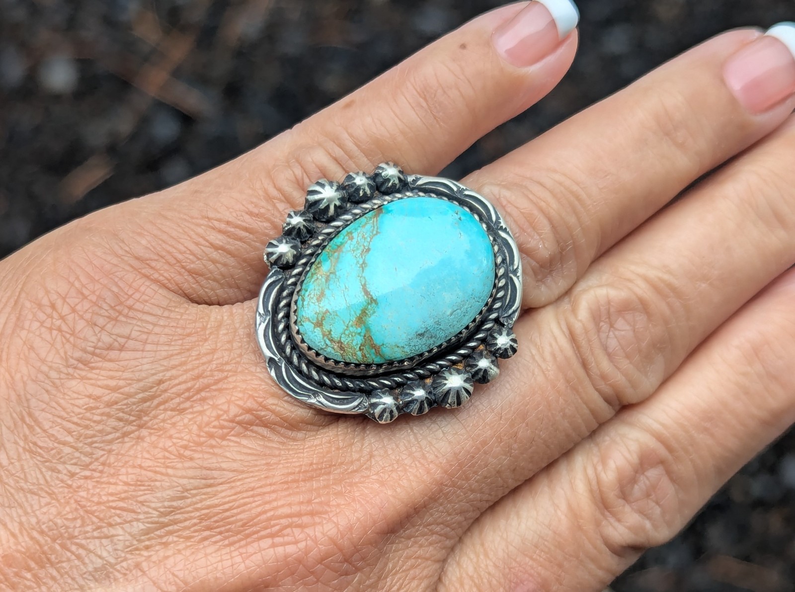 Navajo Ring Sonoran Turquoise Signed R. Yazzie Native American Handmade size 7.5