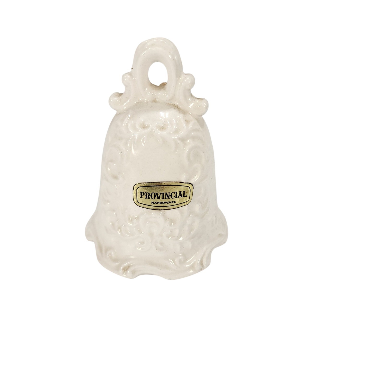 Vintage Provincial Napcoware Ceramic Bell White Embossed Scroll Floral Decor 4\