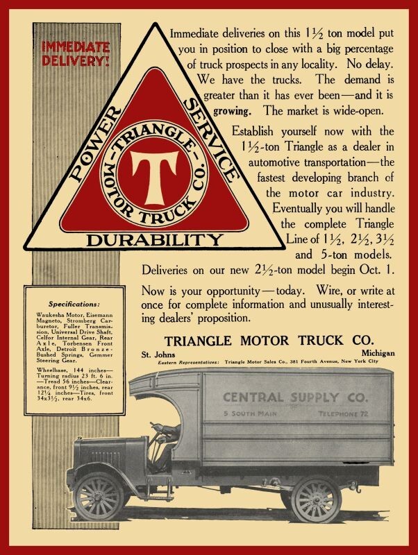 1918 Triangle Motor Trucks New Metal Sign: St. Johns, Michigan - Specifications