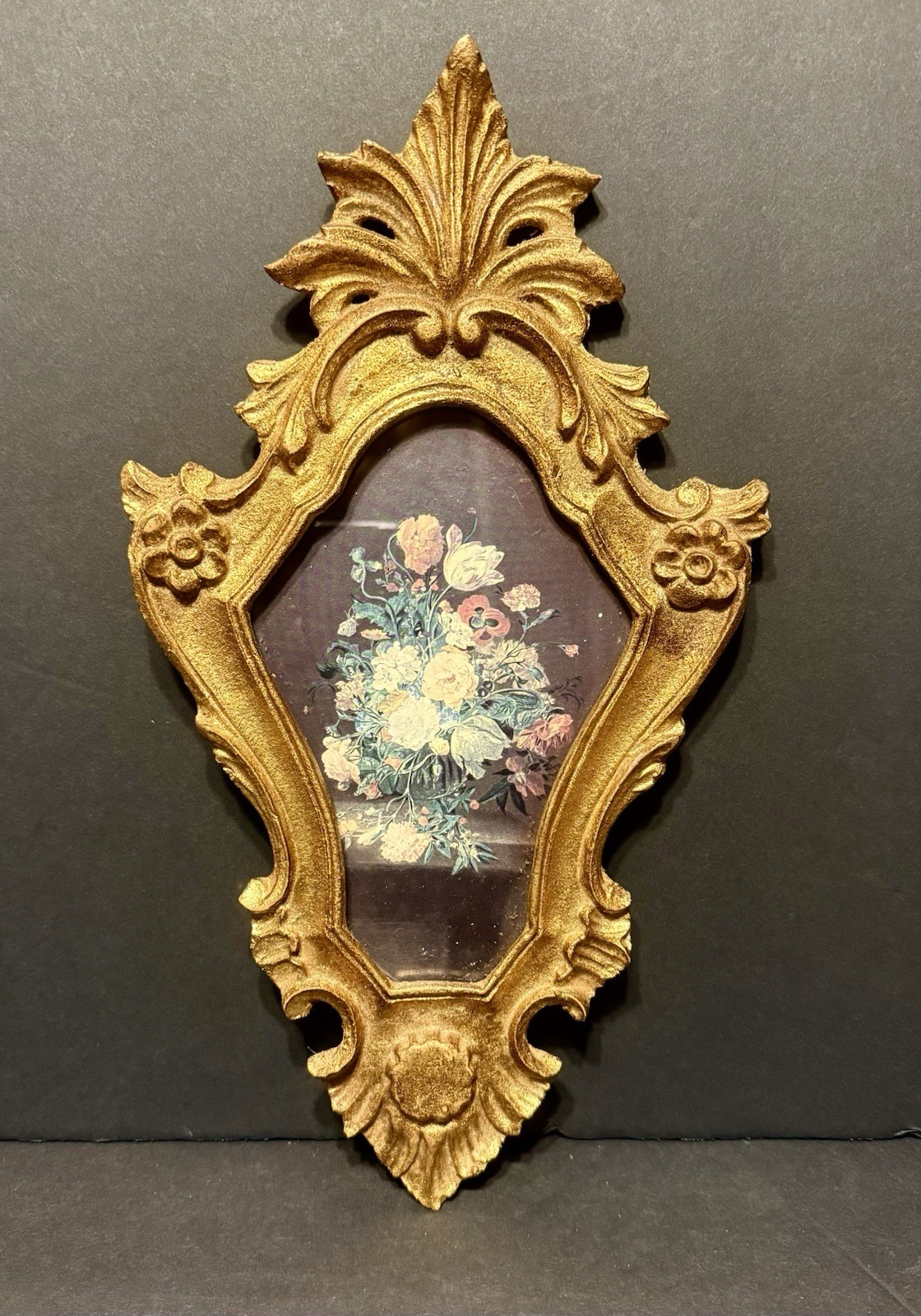 Beautiful Vintage Italian Ornate Gold Oval Frame Floral Print Art Florentine #2