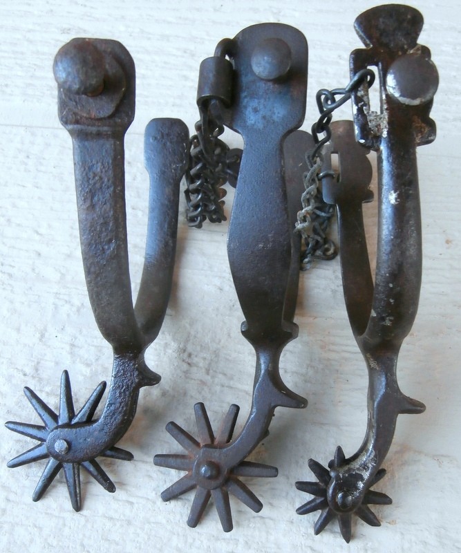 3 Old Antique Drop Shank Iron Horse Single Spurs North & judd or Buermann