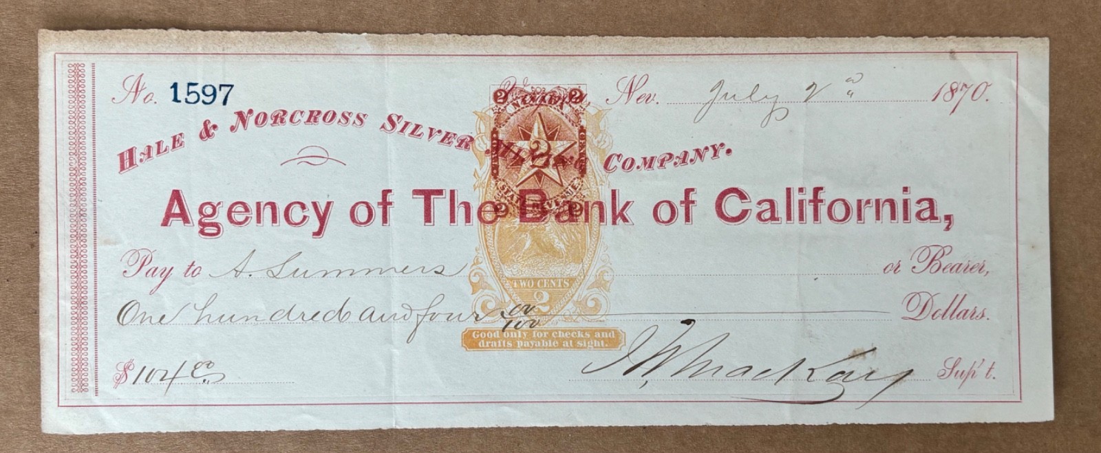 1870 Hale Norcross Silver Mining Virginia City Nevada Check RN-B17B John Mackay