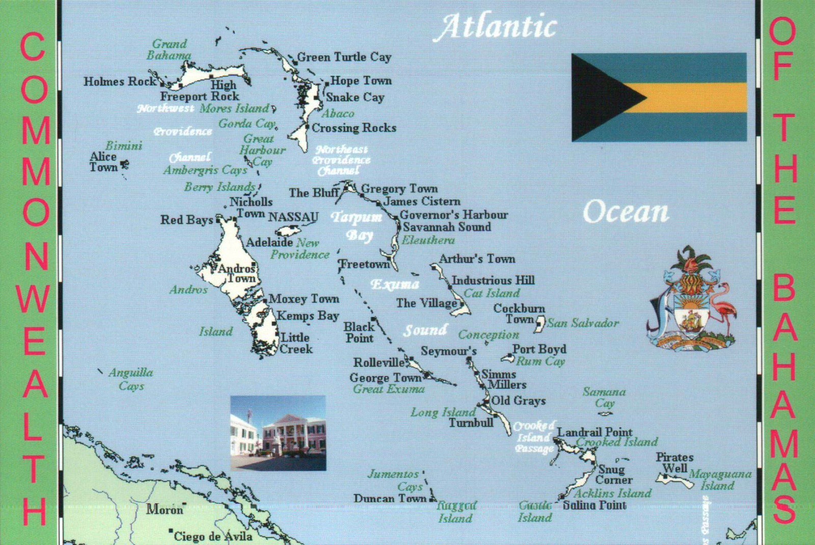 Map of the Commonwealth of The Bahamas, Nassau, Flag, Parliament etc. - Postcard