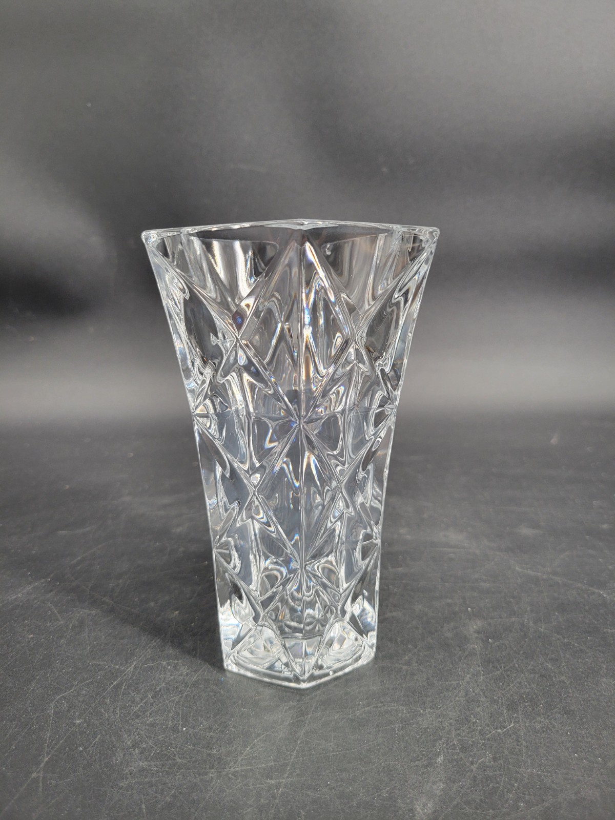 Heavy Thick VTG Clear Cut Lead Crystal Hexagon Tapered Vase W/Diamond & Star Cut