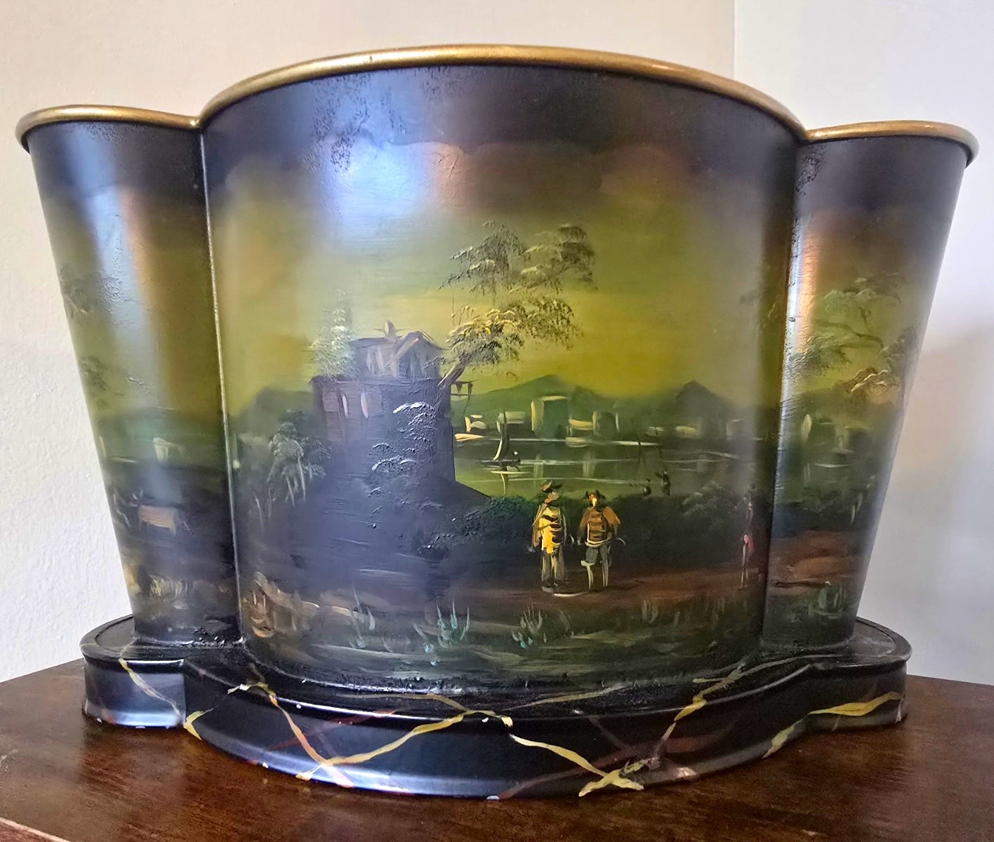 Vintage Hand-Painted Black Tole Planter Jardiniere Landscape Scene Faux Marble 
