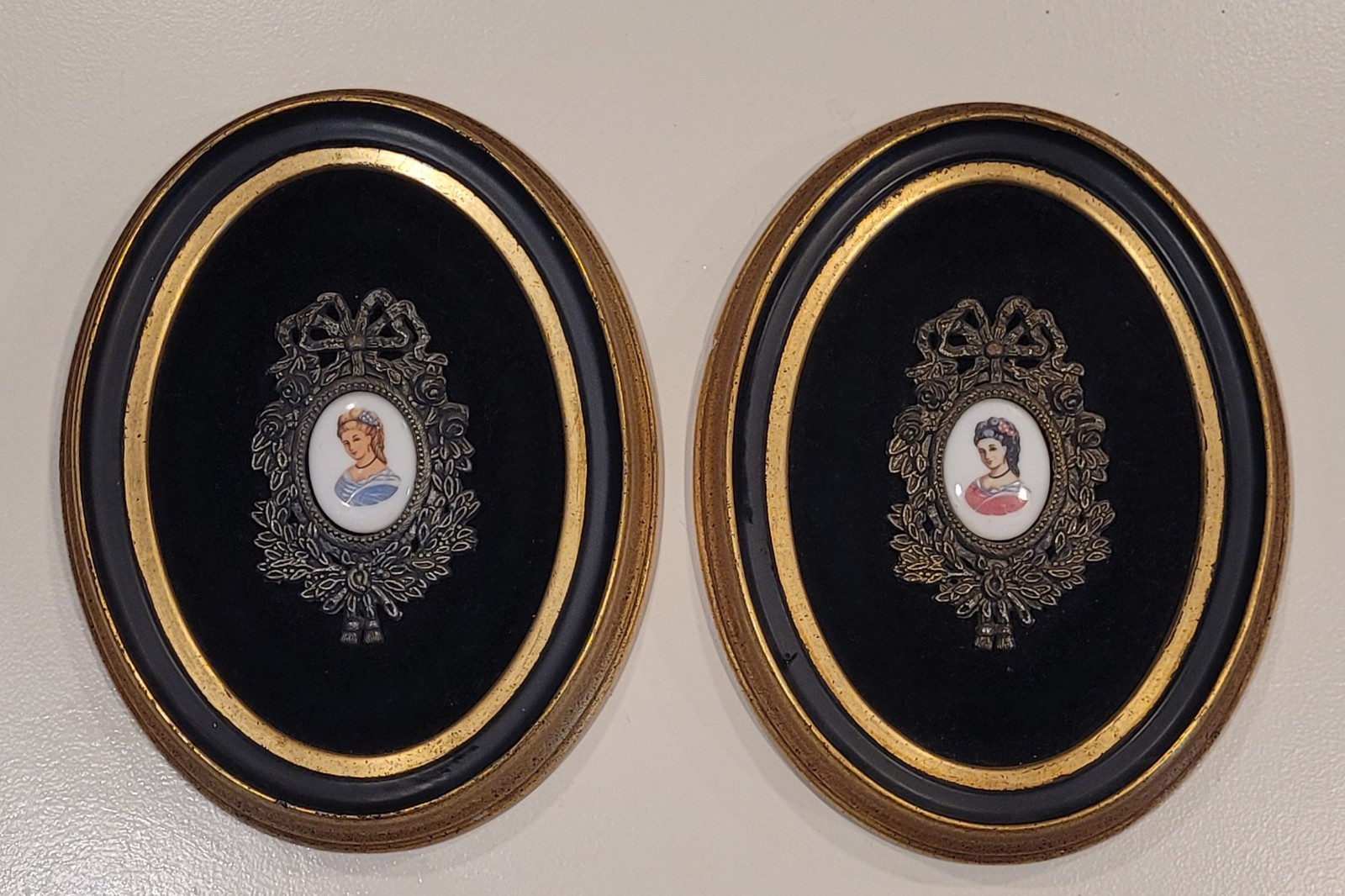 Pair of Vintage Cameo Brooch Creations Ornate Velvet Framed Victorian Wall Decor