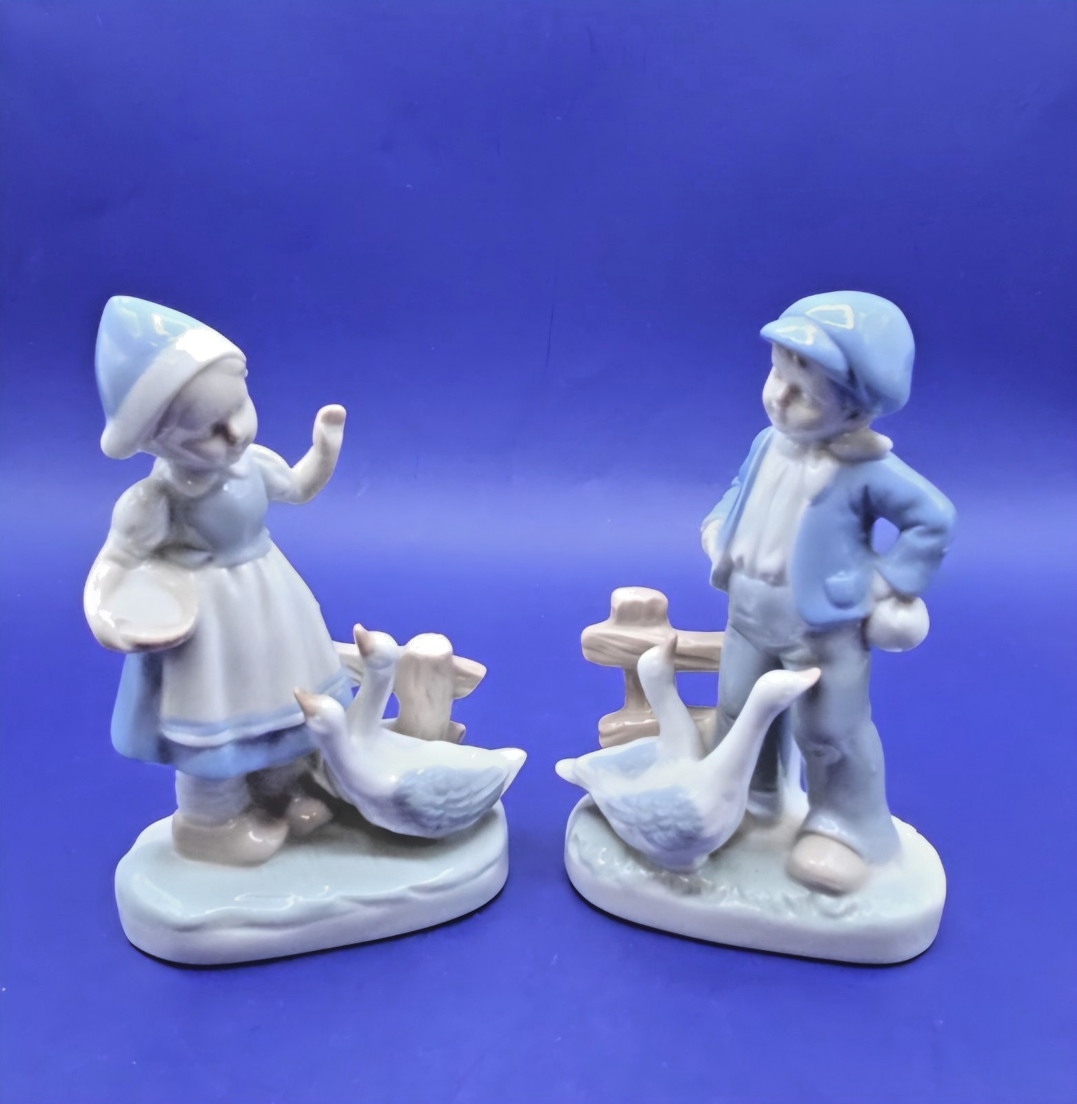 Vintage German Porcelain Boy & Girl With Geese Handgemalt Figurines Pair