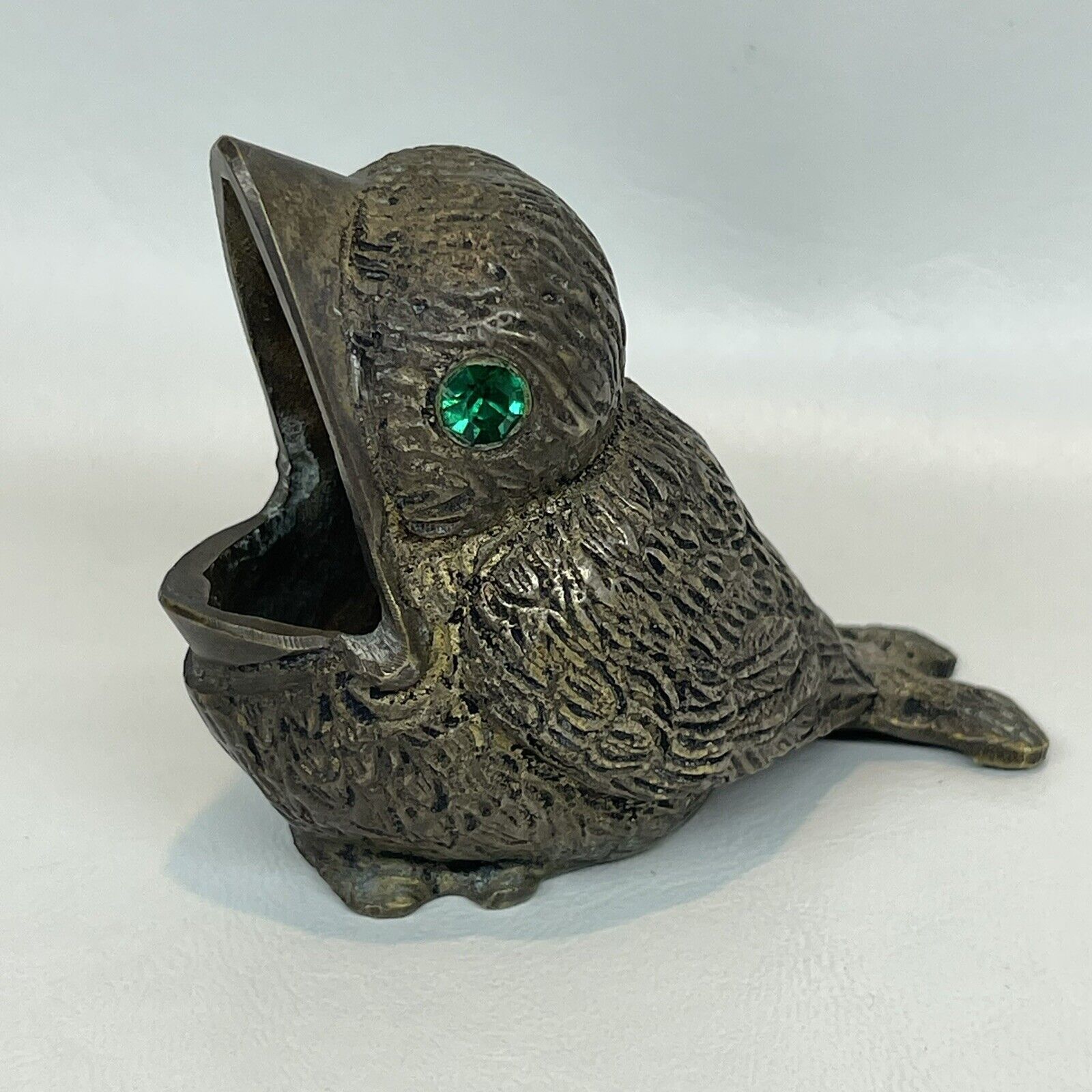 Vtg MCM Solid Brass Large Mouth Baby Bird Personal Ashtray Green Eyes 2.75x 2.25