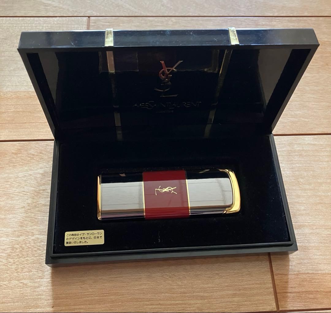 YSL Yves Saint Laurent Gas Lighter Red Band Silver Gold Trim Vintage w/ Box