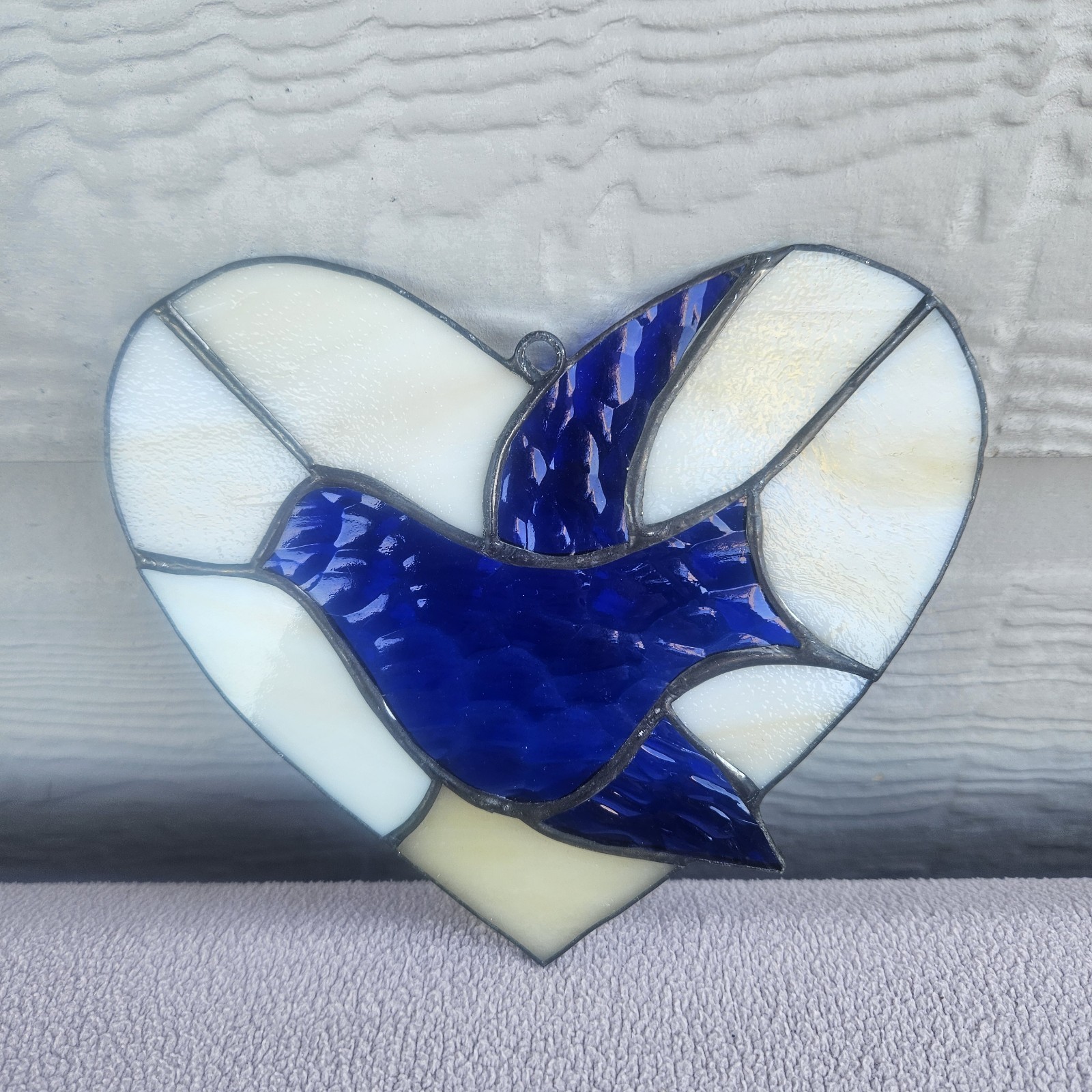 VTG White Heart Blue Dove Bird Stained Glass Suncatcher Hanging 5