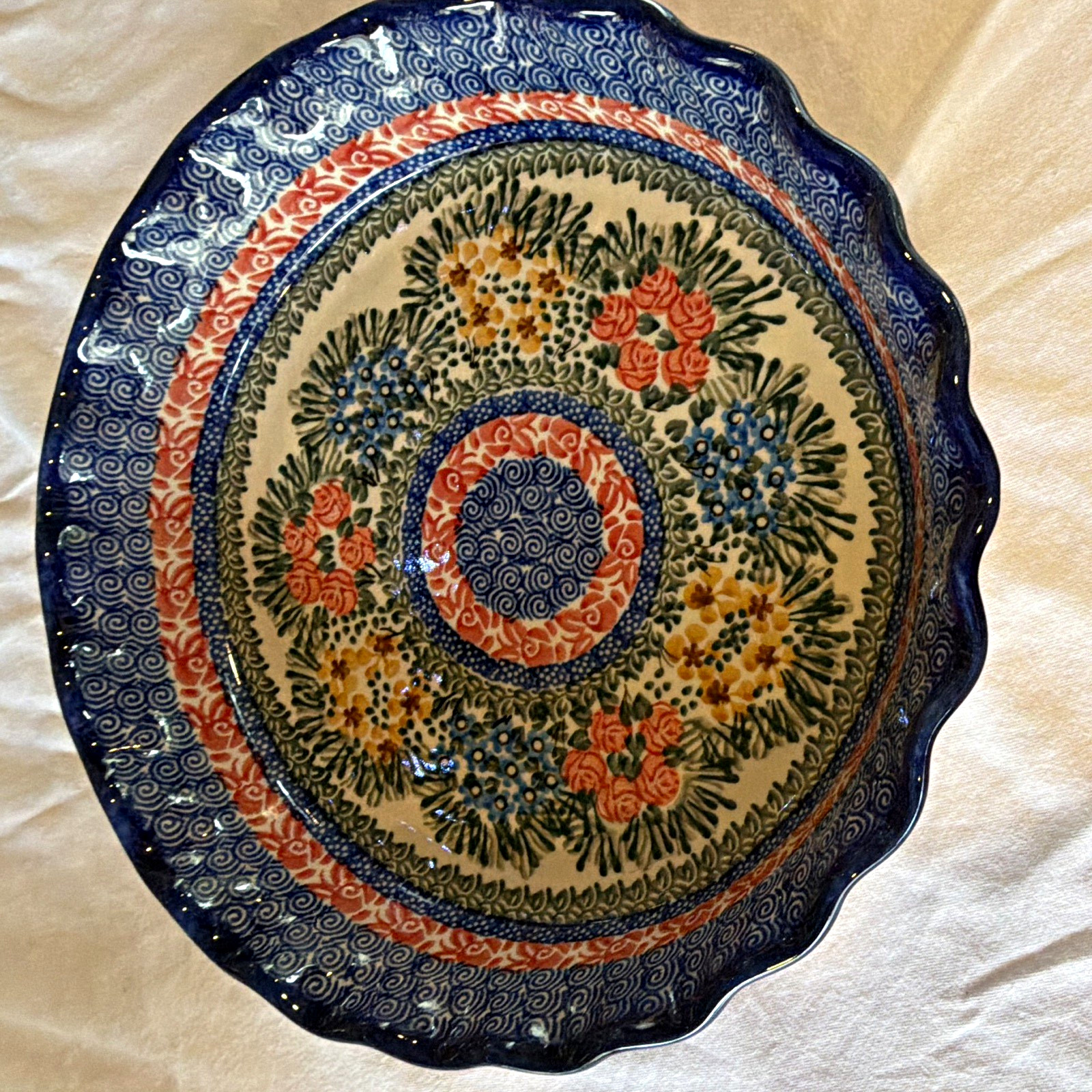 Unikat M. Starzyk Polish Pottery Floral Ceramic Oven Safe 10.25in Pie Dish
