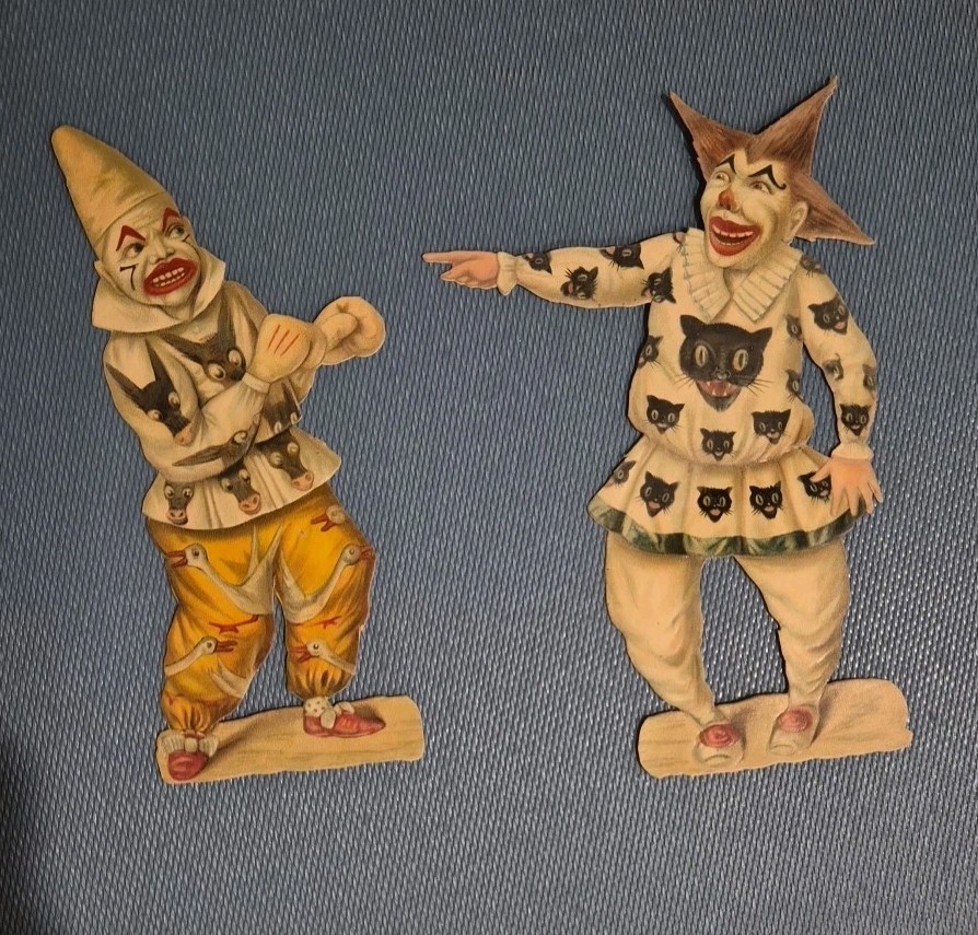 1880s Victorian Die Cut Boxing Clowns Cats Donkeys Swans Trade Card Pair