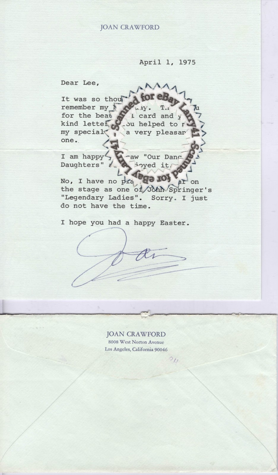Genuine, Authentic JOAN CRAWFORD autographed LETTER 4/1/1975 wEnvelope  Birthday