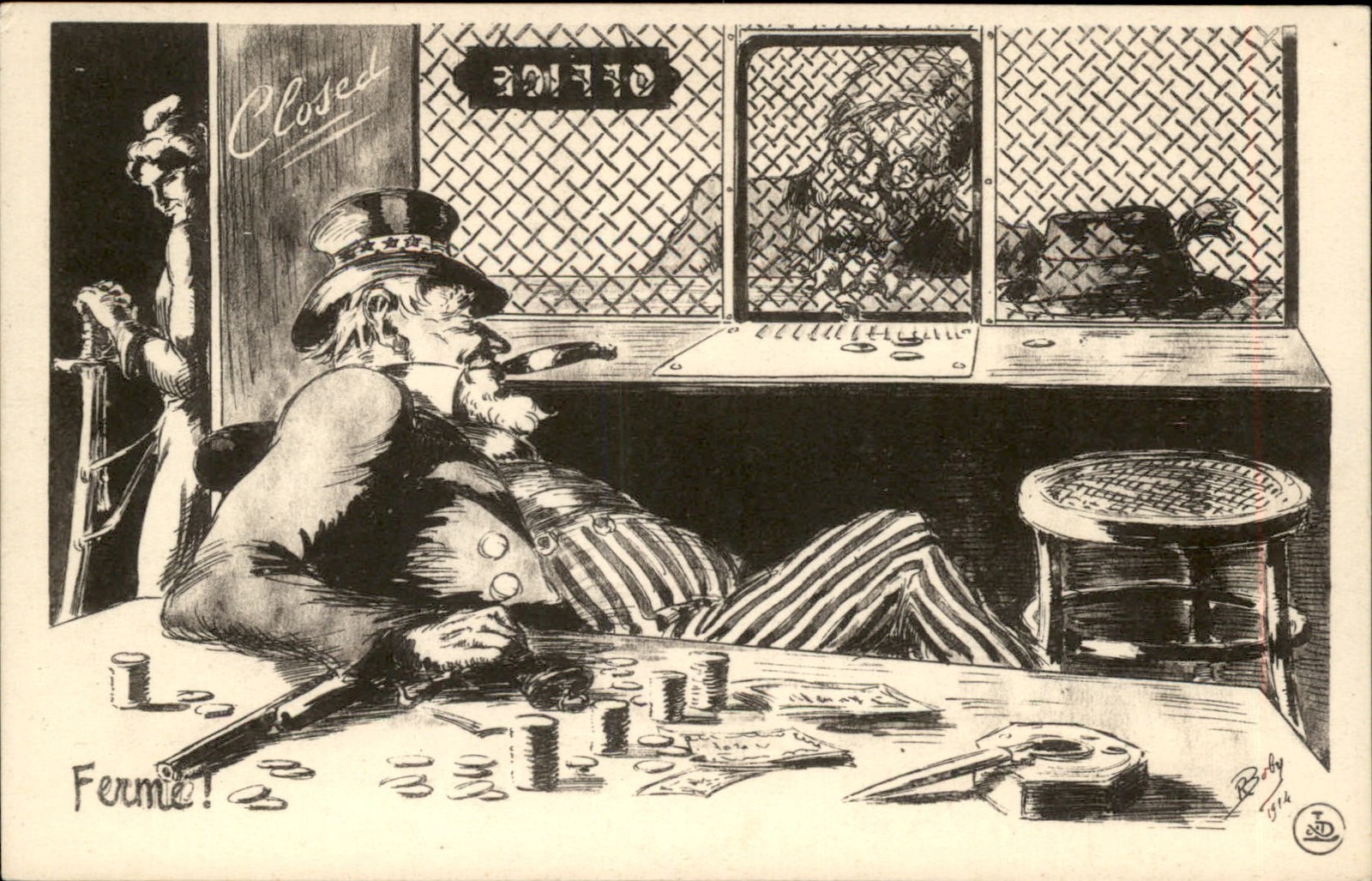 Uncle Sam Counting Money Political Satire FERME Boby 1914  Vintage Postcard bhn