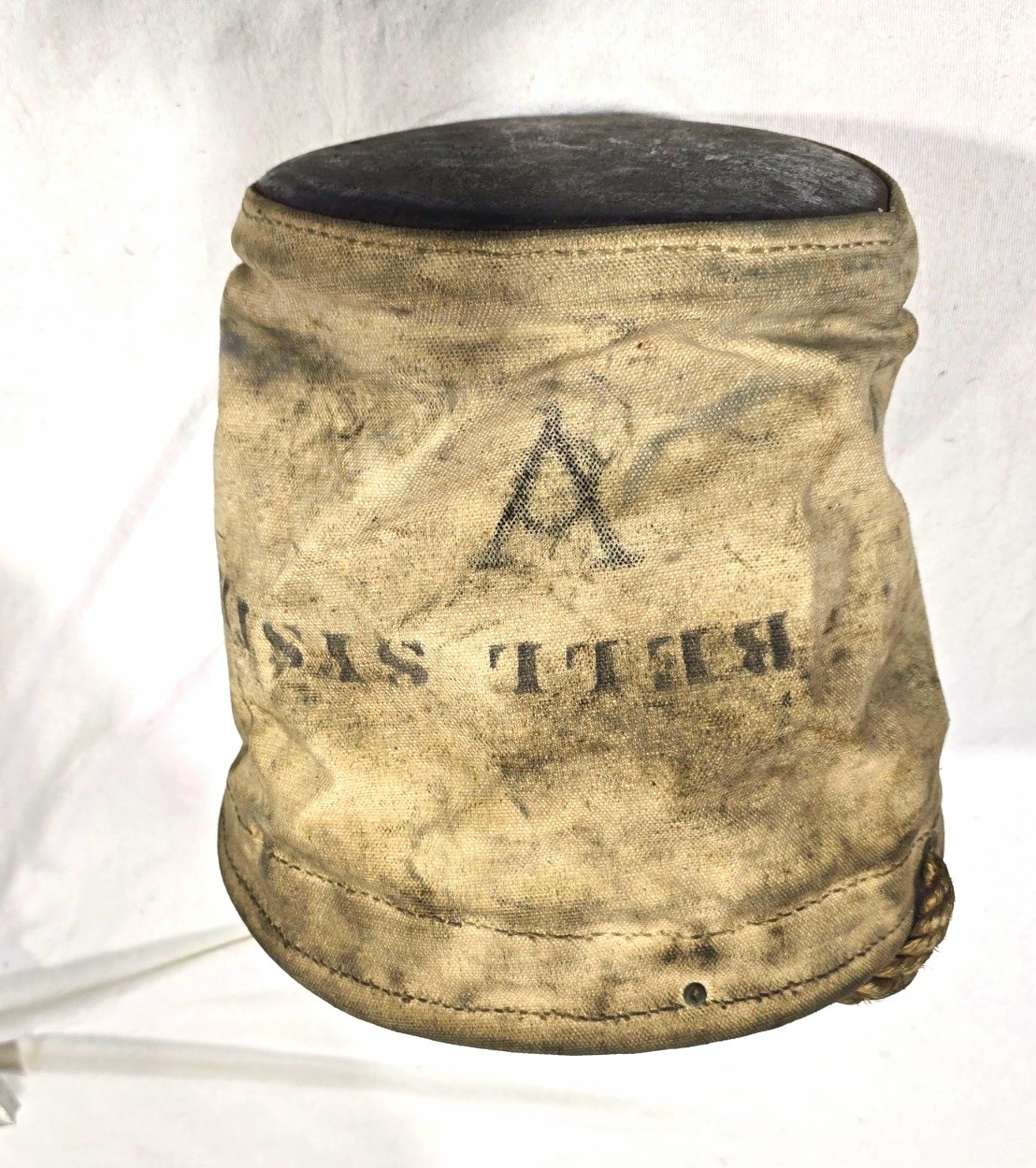 Vintage BELL SYSTEM Leather Bottom Canvas Tool Bucket Bag w/ Original Rope Hook Vintage BELL SYSTEM Leather Bottom Canvas Tool Bucket Bag w/ Original Rope Hook