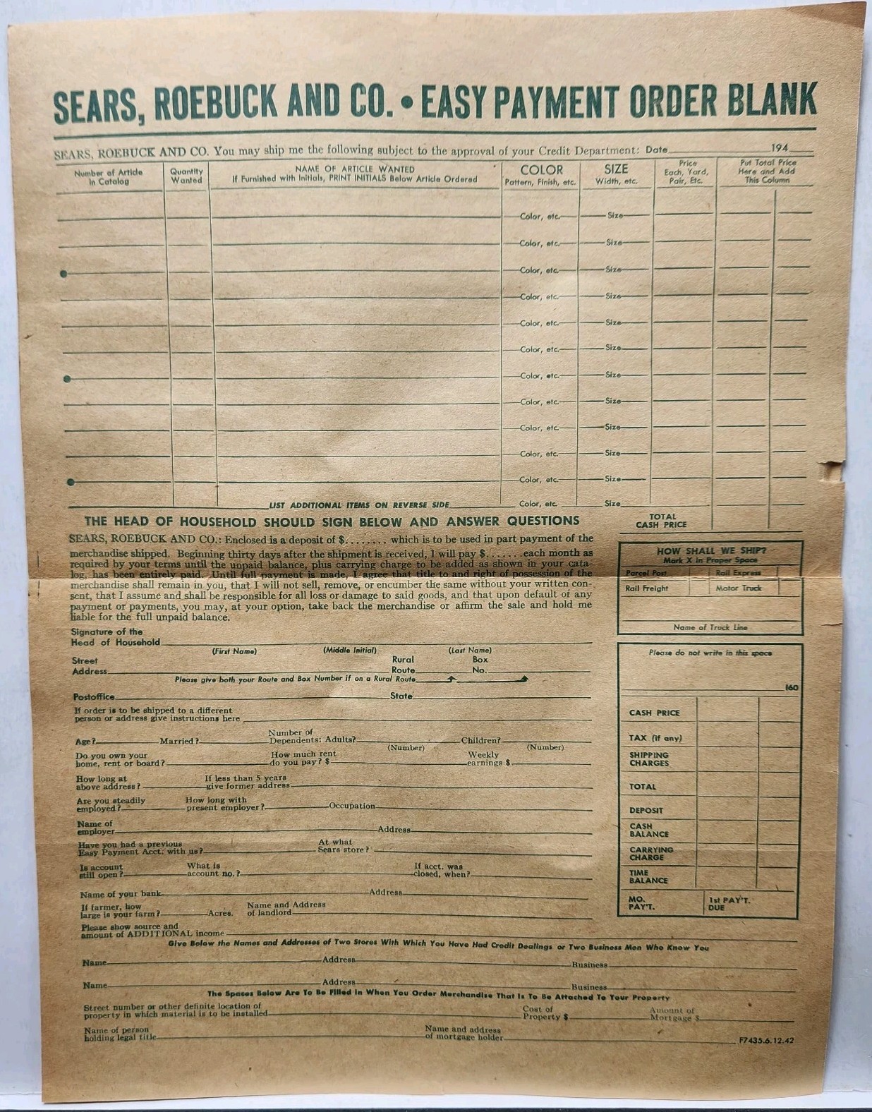 1943 Sears Roebuck Catalog Original Order Blank Form 40\'s