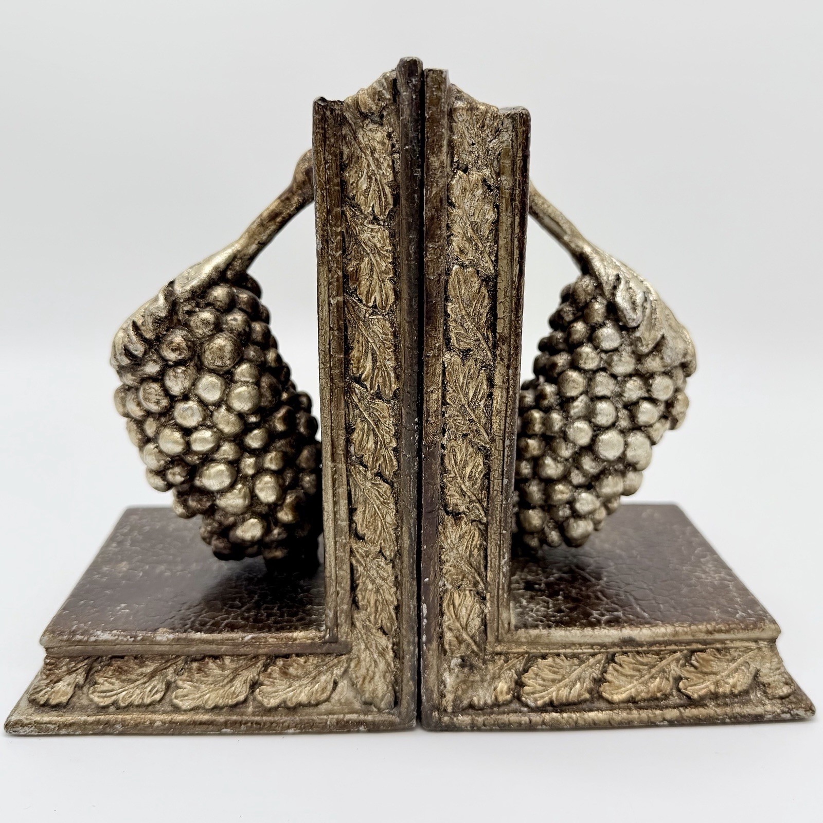 Vintage Gold Grape Cluster Bookends Pair Grapevine Leaves Hollywood Regency