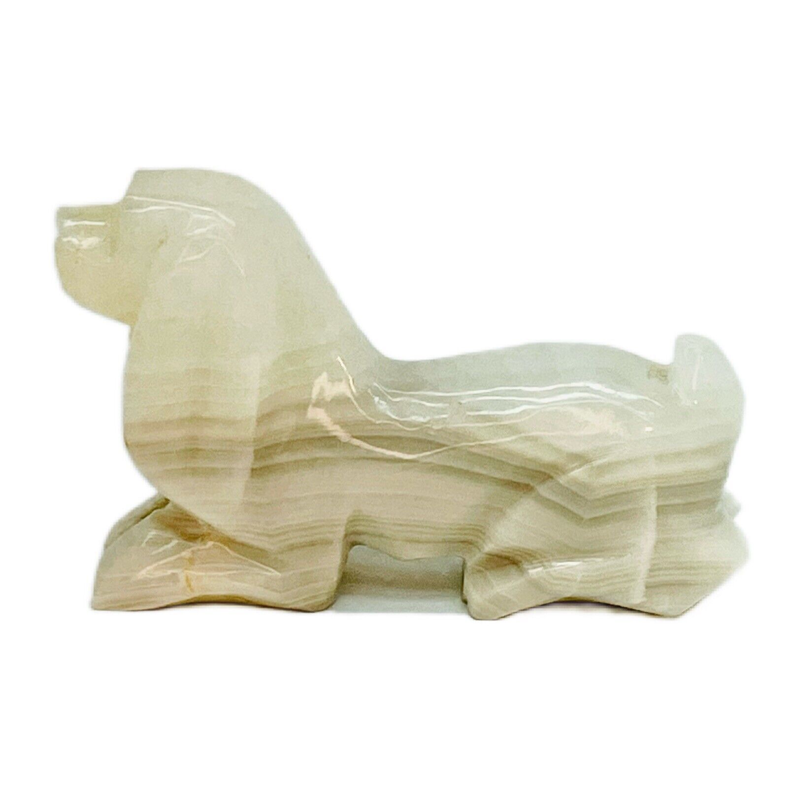 Vintage Hand Carved Onyx Stone Corgi Dog Figurine Handmade Marbled Stone Decor
