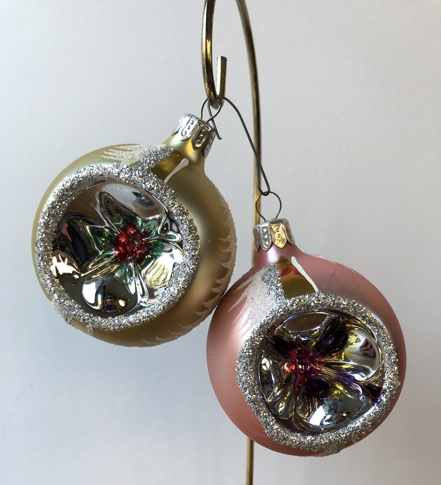 2 Vtg Blown Glass Indent Christmas Ornaments Pink Gold Reflector Star Hand Paint