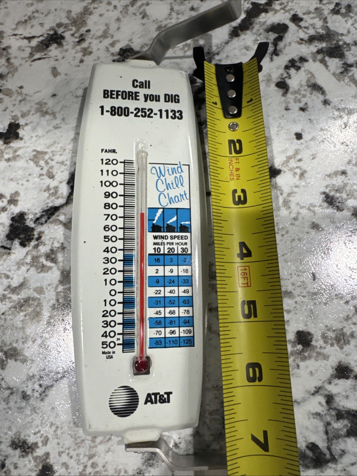 Vintage AT&T 7’ Metal Thermometer, Call before you dig, Wind Chill Chart Works