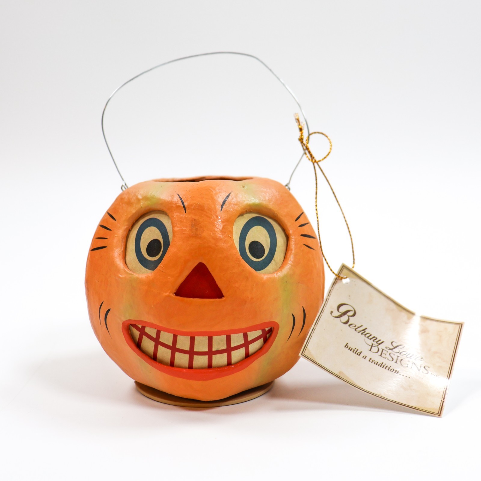 Bethany Lowe Striped Pumpkin Bucket JOL Halloween Retro Paper Mache NEW