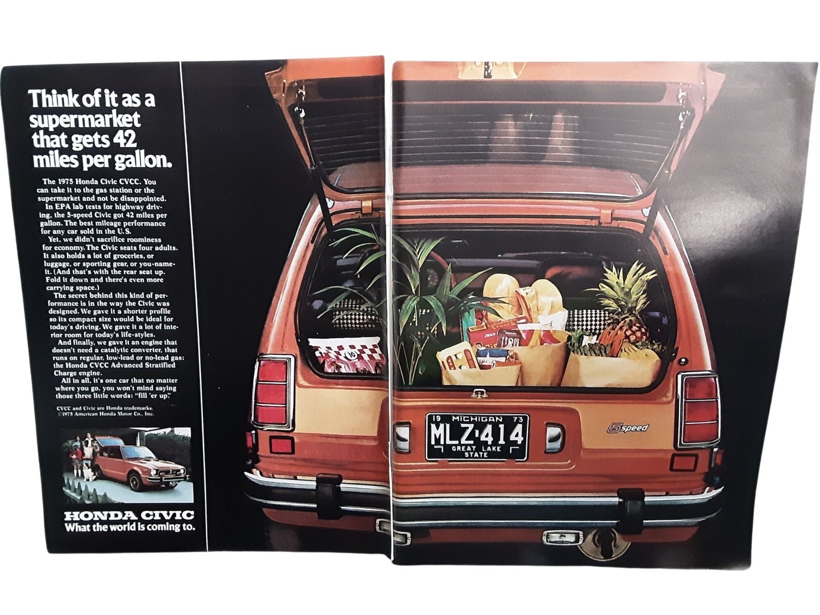 1975 Honda Civic CVCC Hatchback Car Ad 42 MPG Fuel Economy Vintage