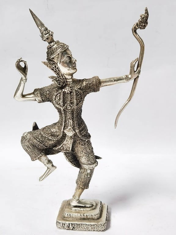 Vintage Thai Silvered Cast Metal Archer Statue Rama Figure Sculpture Decor Vintage Thai Silvered Cast Metal Archer Statue Rama Figure Sculpture Decor