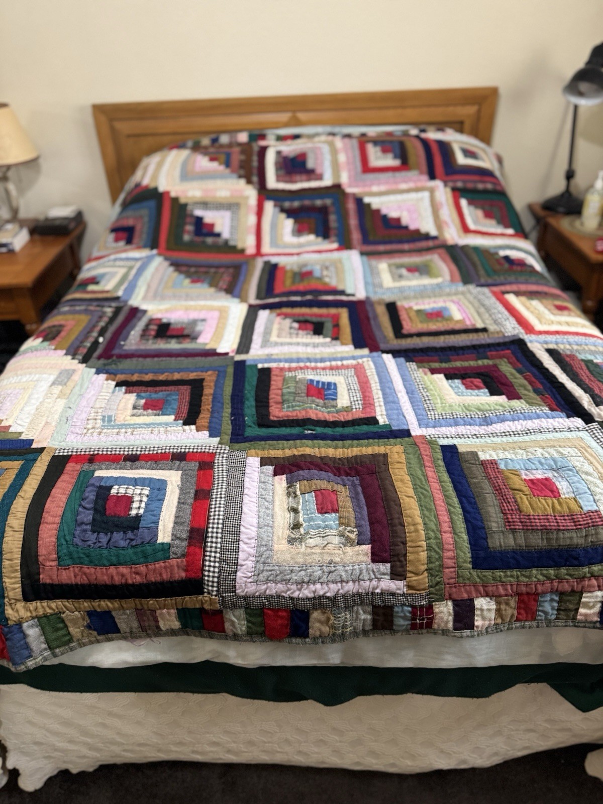 Primitive Hand Made Vintage Wool And Flannel Log Cabin Quilt 80x66 Inches.