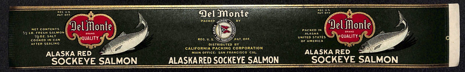 Del Monte Alaska Sockeye Salmon Paper Can Label Gilt c1925-35 Scarce VGC