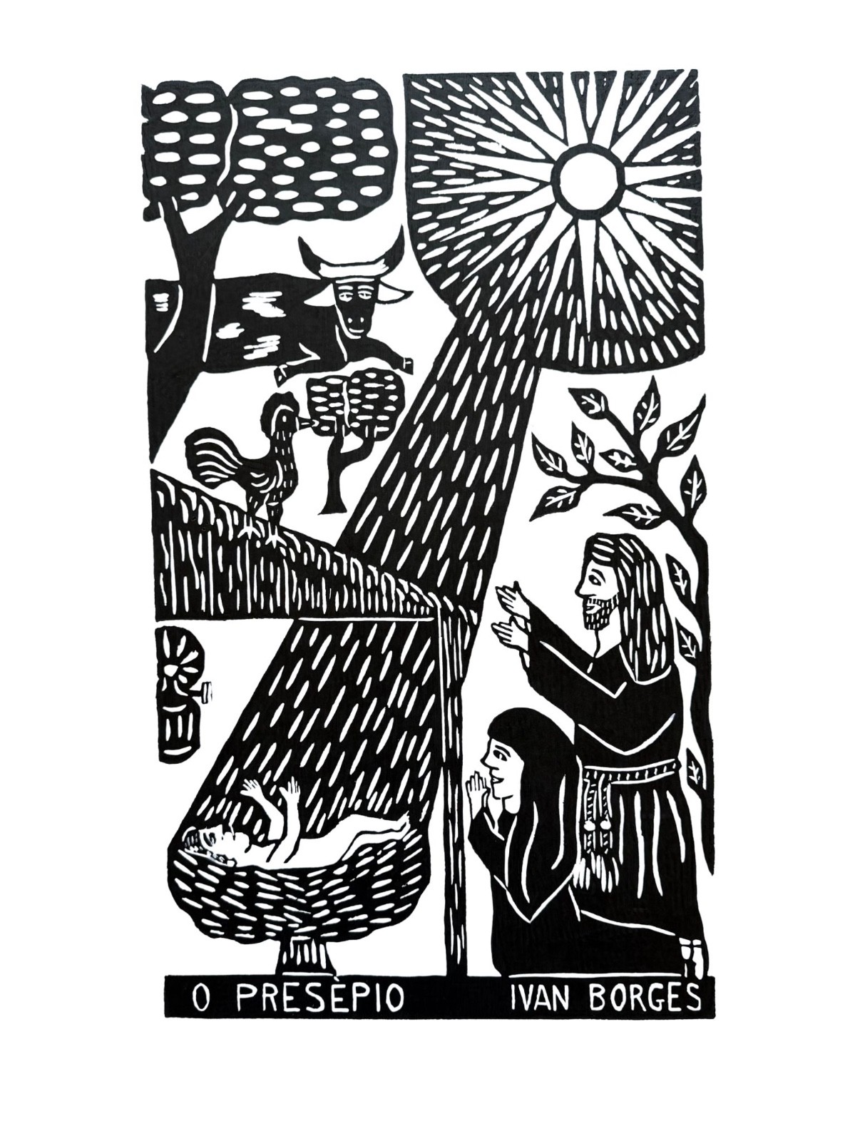 Ivan Borges “O Presépio” Signed Brazilian Woodcut Print 2006 – Nativity Folk Art